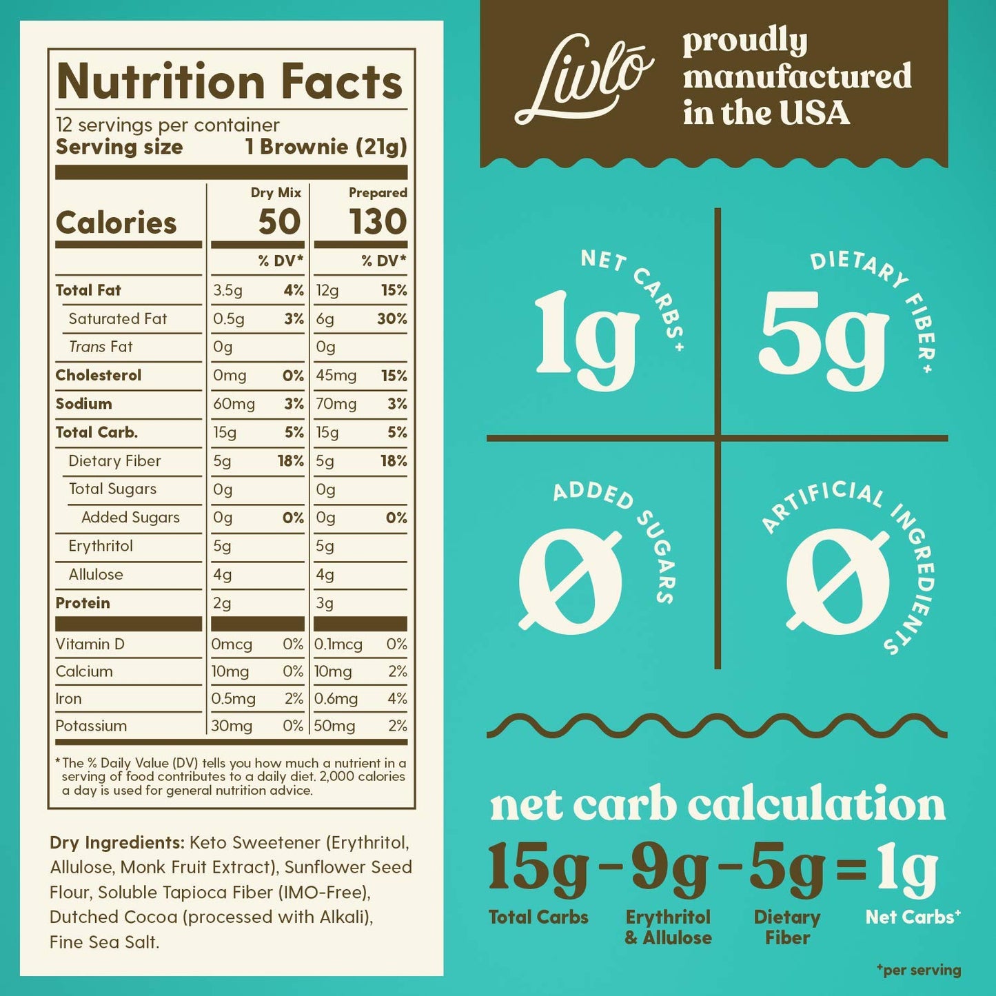 Livlo Keto Brownie Baking Mix - Just 1g Net Carb - Sugar & Gluten Free Keto Desserts, Sweets & Treats - Low Carb, Nut Free, Diabetic Friendly Snack - Fast, Delicious and Easy to Make - 12 servings