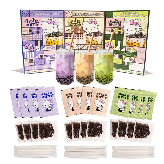 Hello Kitty Instant Boba Milk Tea Variety Kit, Brown Sugar, Taro, Match Flavor, with Taiwan Tapioca Pearls, Paper Straws Included (12 Servings)