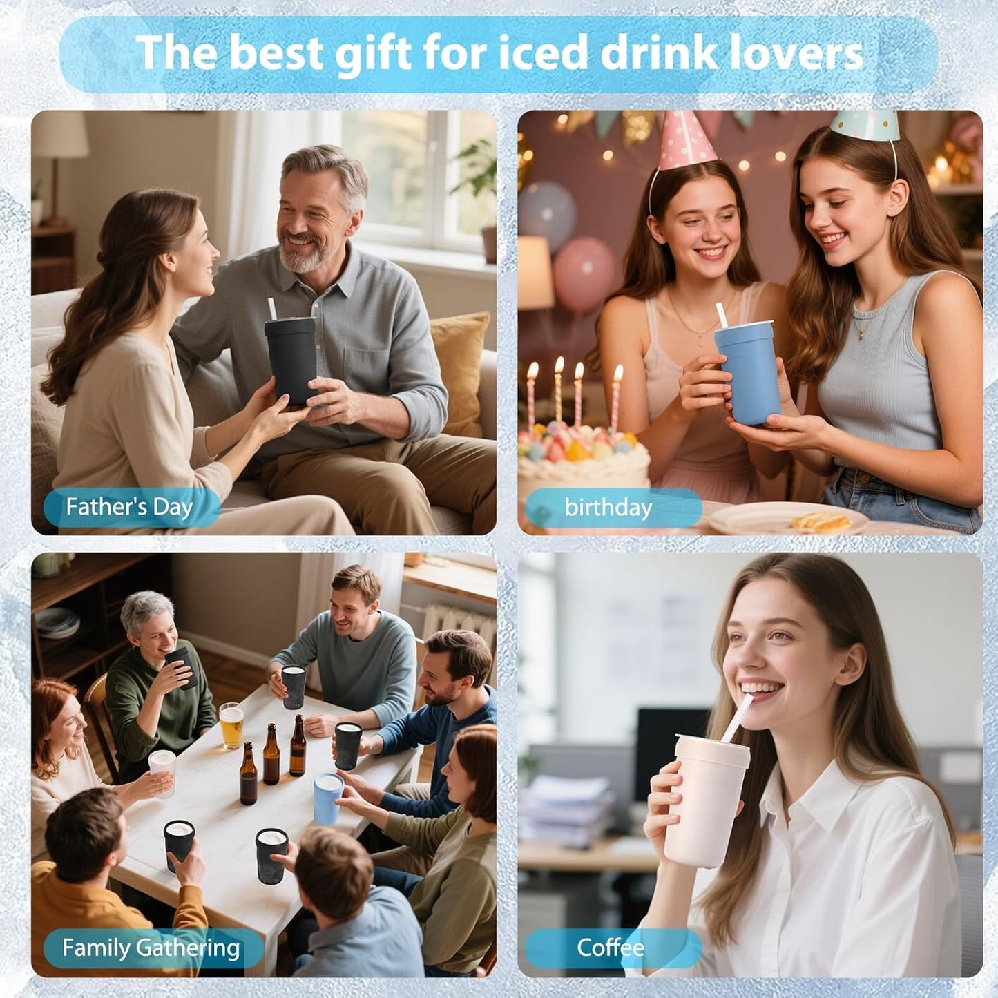 Iced Coffee Tumbler, 45℉ Insulated Beer Mug for Freezer, (Ice-Free) Double-walled Freezable Slushie Cup with Stainless Steel Liner, Travel Coffee Mug Reusable, with Lid and Straw, 16oz (1, White)