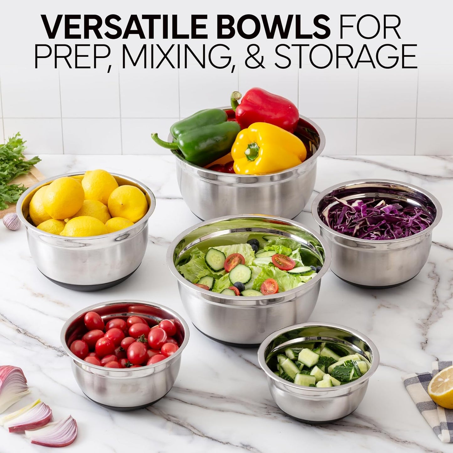 COOK WITH COLOR Stainless Steel Mixing Bowls Set with Lids - Nesting Bowls with Non-Slip Bottom, Black, 12 Pieces