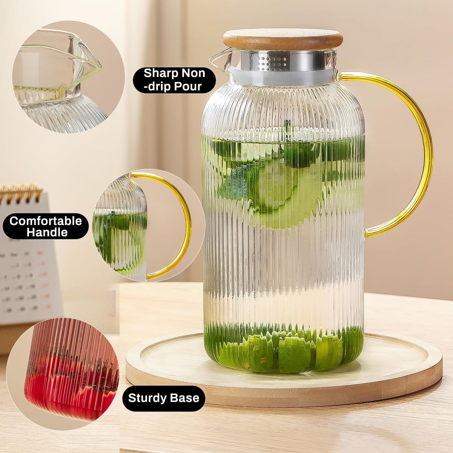 Glass Pitcher with Lid, 2 PACK 68 oz/2 Liter Vertical Water Pitcher With Serving Tray, Clear Borosilicate Glass Water Carafe for Cold Brew, Coffee, Lemonade, Iced Sun Tea,Beverage,Heat Resistant