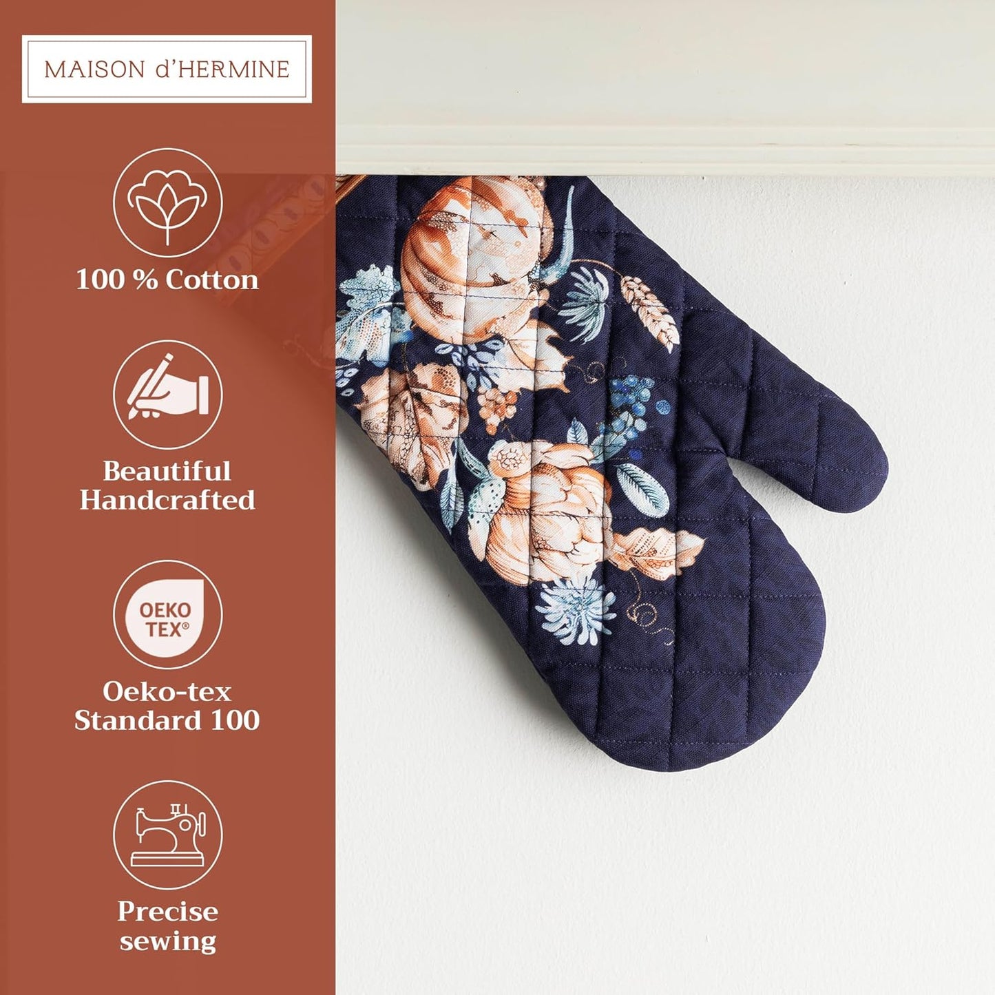 Maison d' Hermine Oven Gloves 100% Cotton Oven Mitt 7" x 13" with Loop Heat Resistant, BBQ, Cooking Gloves, Baking, Grilling, Kitchen, Handling Hot Pans (Pack of 1, Pumpkin Blues)