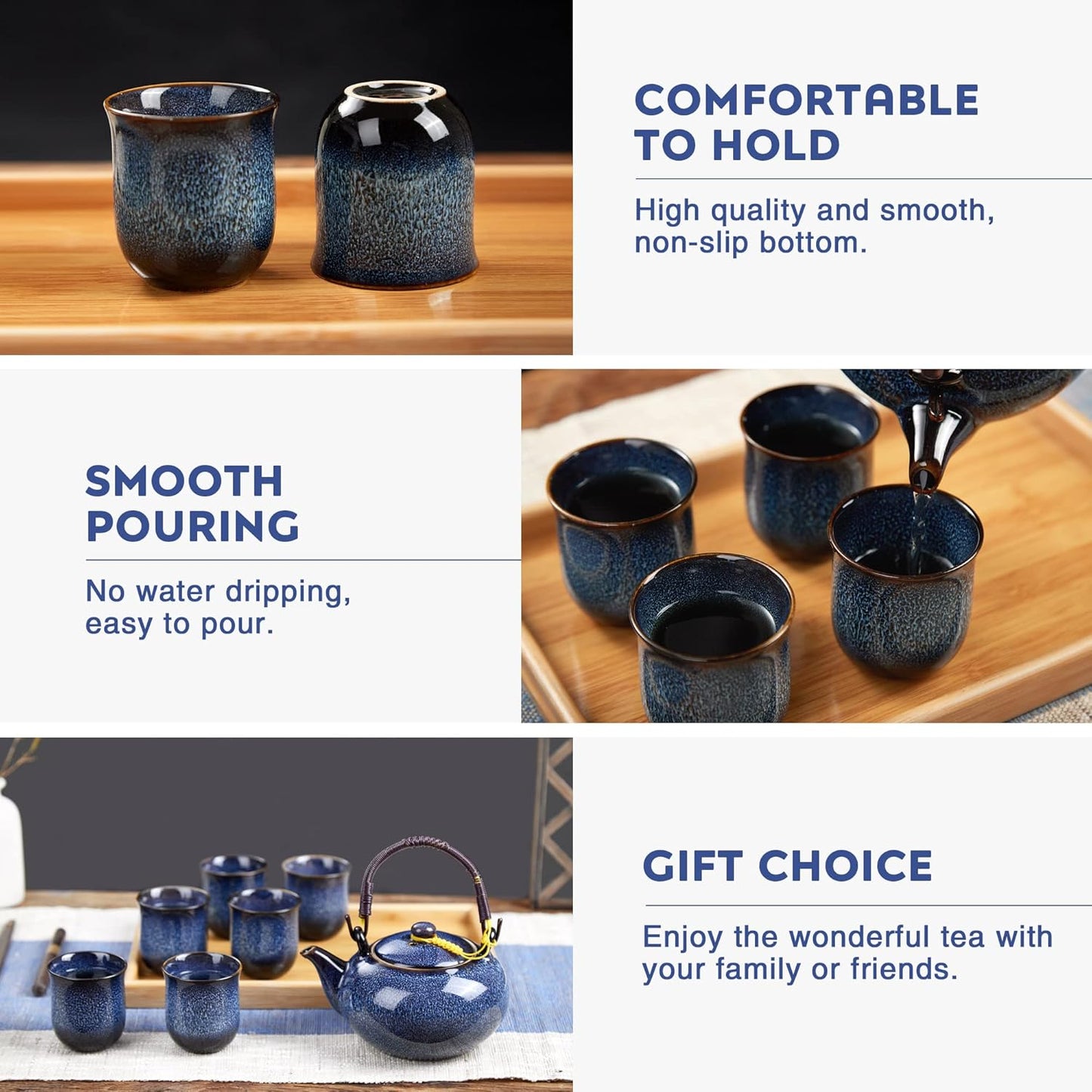 DUJUST Japanese Tea Set for 6, Kiln Altered Glaze Porcelain Tea Set with 1 Teapot, 6 Tea Cups & 1 Tea Tray, Unique Chinese Tea Sets for Adults/Tea Lovers/Women/Men, Blue
