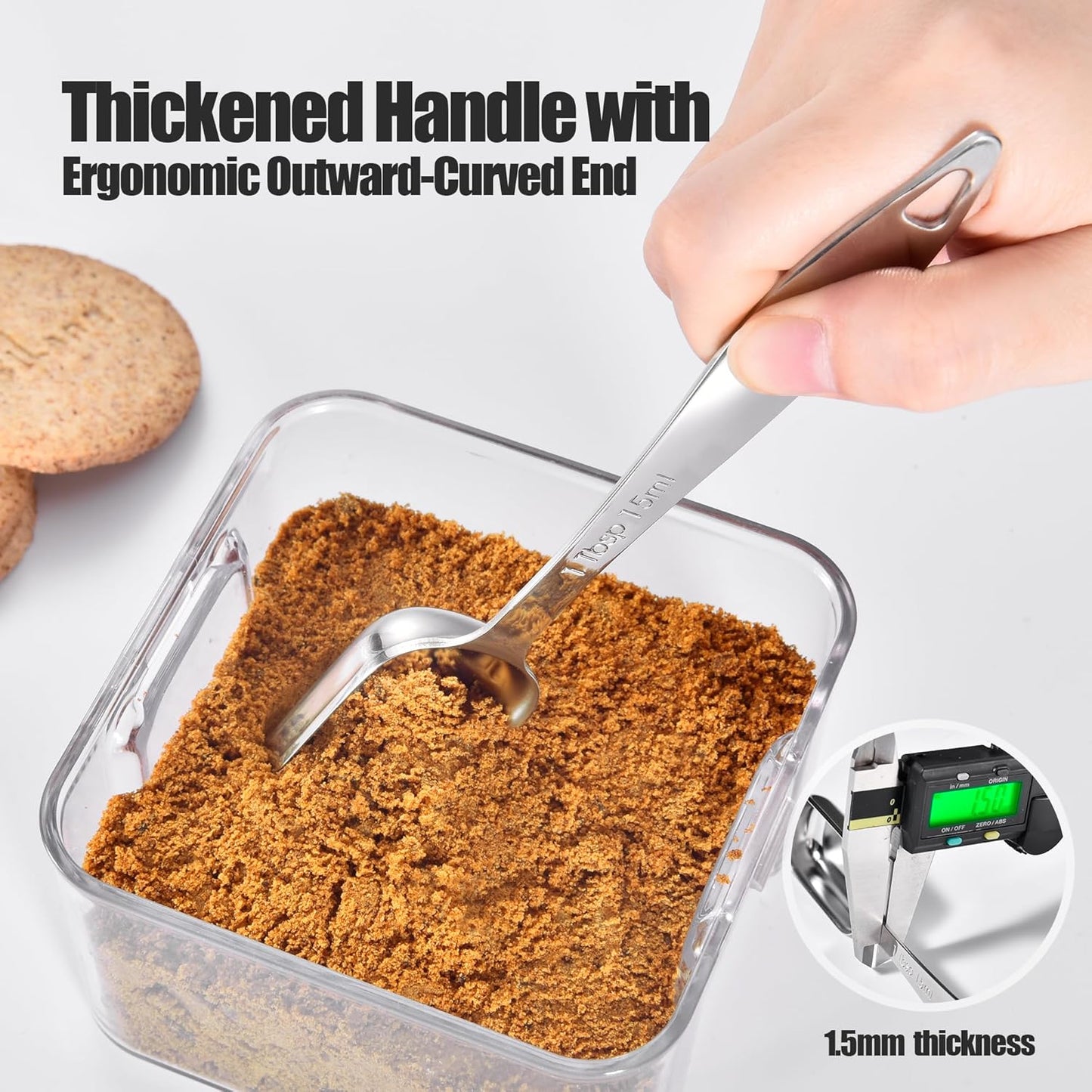 18/8 Stainless Steel Measuring Spoons: Doosu Heavy Duty Rectangular Spoon Square Teaspoon Tablespoon Scoop with Slim Long Handle in Narrow Spice Jar for Kitchen Baking Cooking (Set of 8 with Leveler)