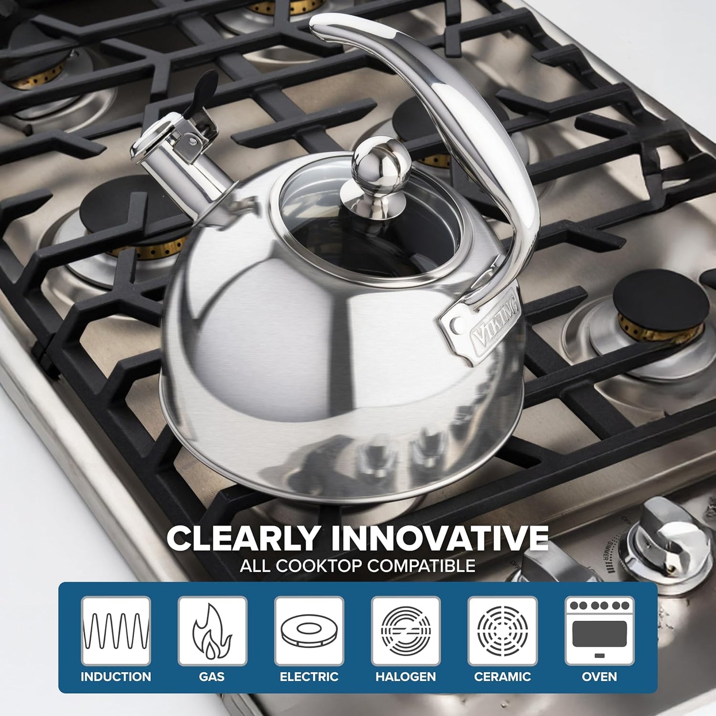 Viking 3-Ply Stainless Steel Tea Kettle, 2.6 Quart Stovetop Hot Water Pot with Tempered Glass Lid, Ergonomic Handle, Induction Ready, Satin Silver