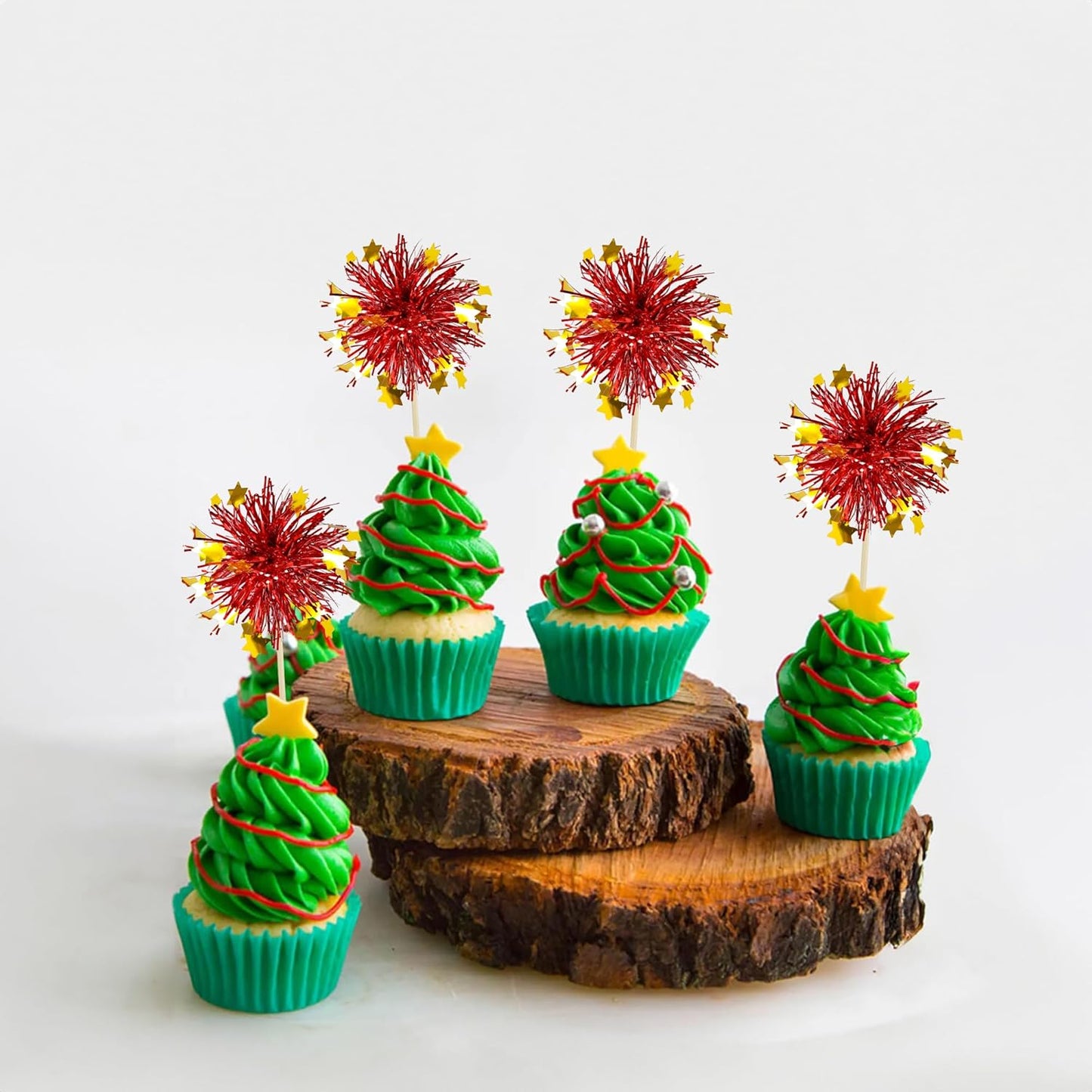 Ephlyn 30Pcs Foil Firework Cupcake Toppers Party Birthday Cake Toppers Supplies Sparkle Tinsel Cocktail Fruit Toothpick for Birthday Wedding Graduation Party Red