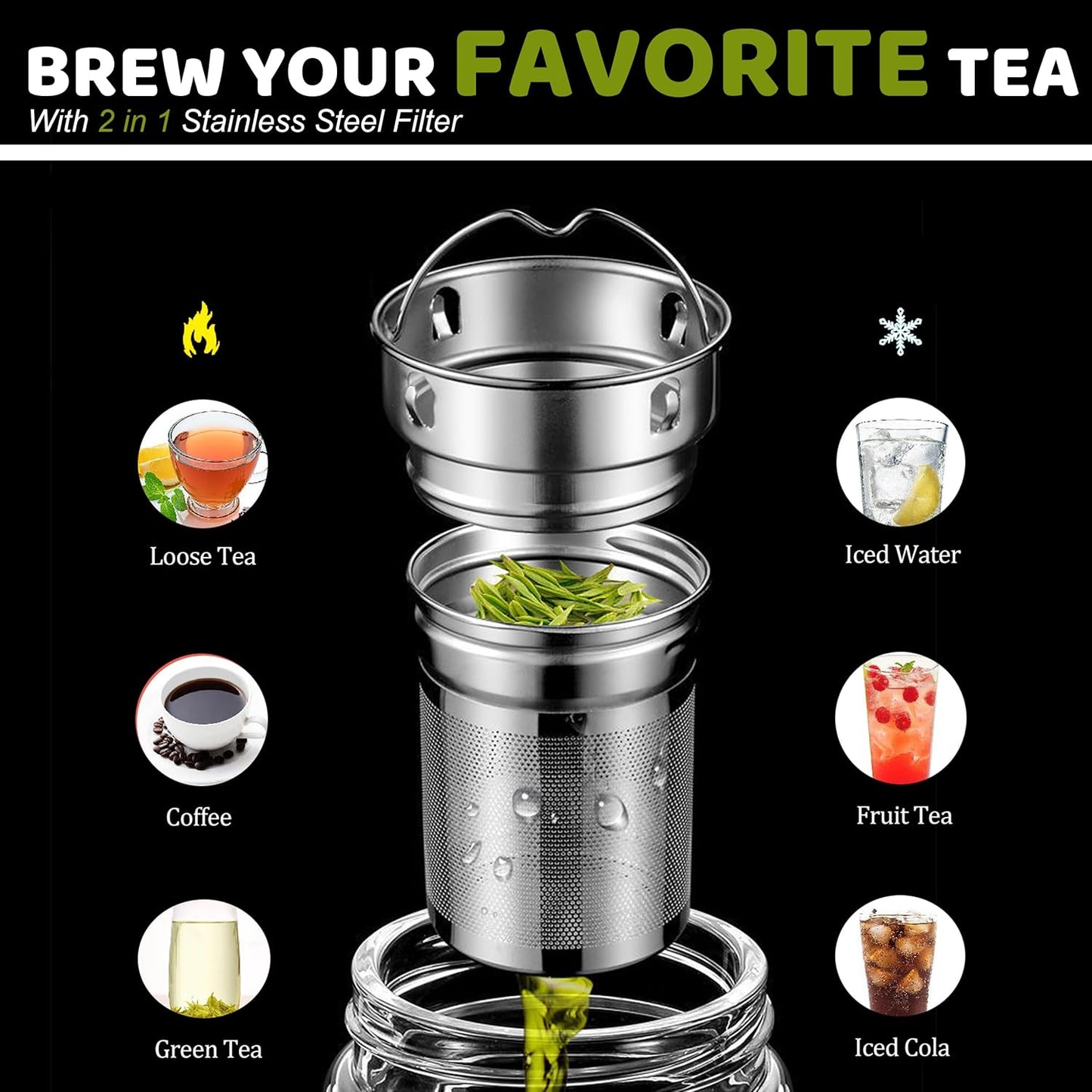 17oz Tea Tumbler with Infuser, 500ml Double Wall Borosilicate Glass Tea Bottle 100% Leak-Proof with 2 in 1 Stainless Steel Filter
