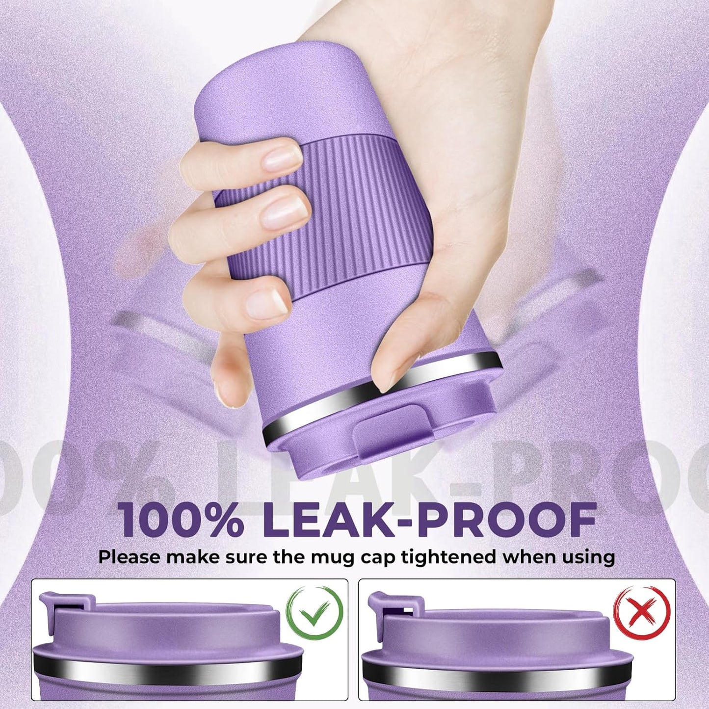 Insulated Coffee Tumbler 12 oz, Stainless Steel Coffee Mug with Lids, Travel Coffee Mug Leak Proof, Double Wall Vacuum Insulated Reusable Coffee Cup, Keep Drinks Hot and Cold (Lavender, 12 Ounces)