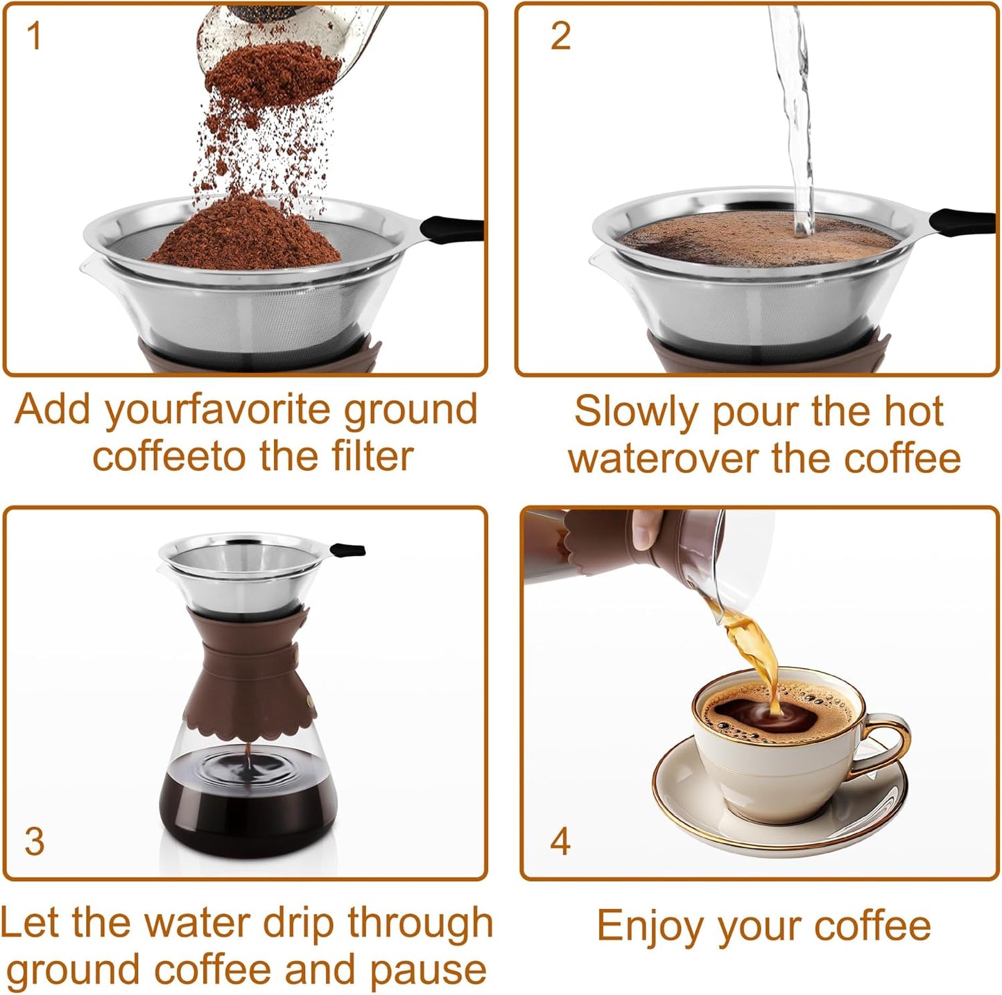 34oz Pour Over Coffee Maker with Double Layer Stainless Steel Filter, Borosilicate Glass Dripper, Detachable Heat-Resistant Leather Pad 7-8 Cups Coffee Maker Carafe（Dark brown）