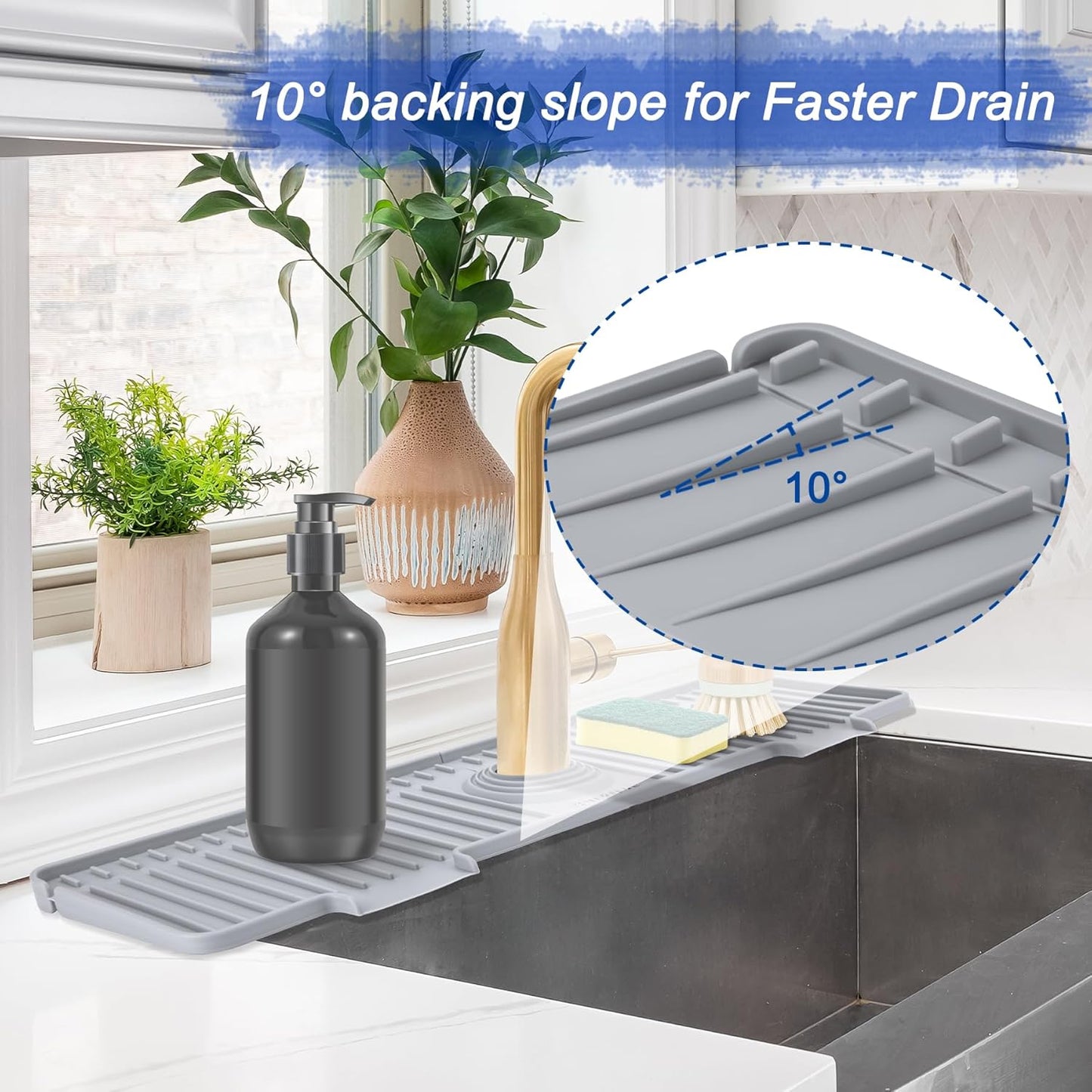 20 inch Kitchen Sink Splash Guard, 10° Large Slope & Adaptable Hole Faucet Mat for Kitchen Sink, Silicone Sink Organizer Sponge Holder for Kitchen, Bathroom, RV, Bar, 20” x 5.5”, Gray