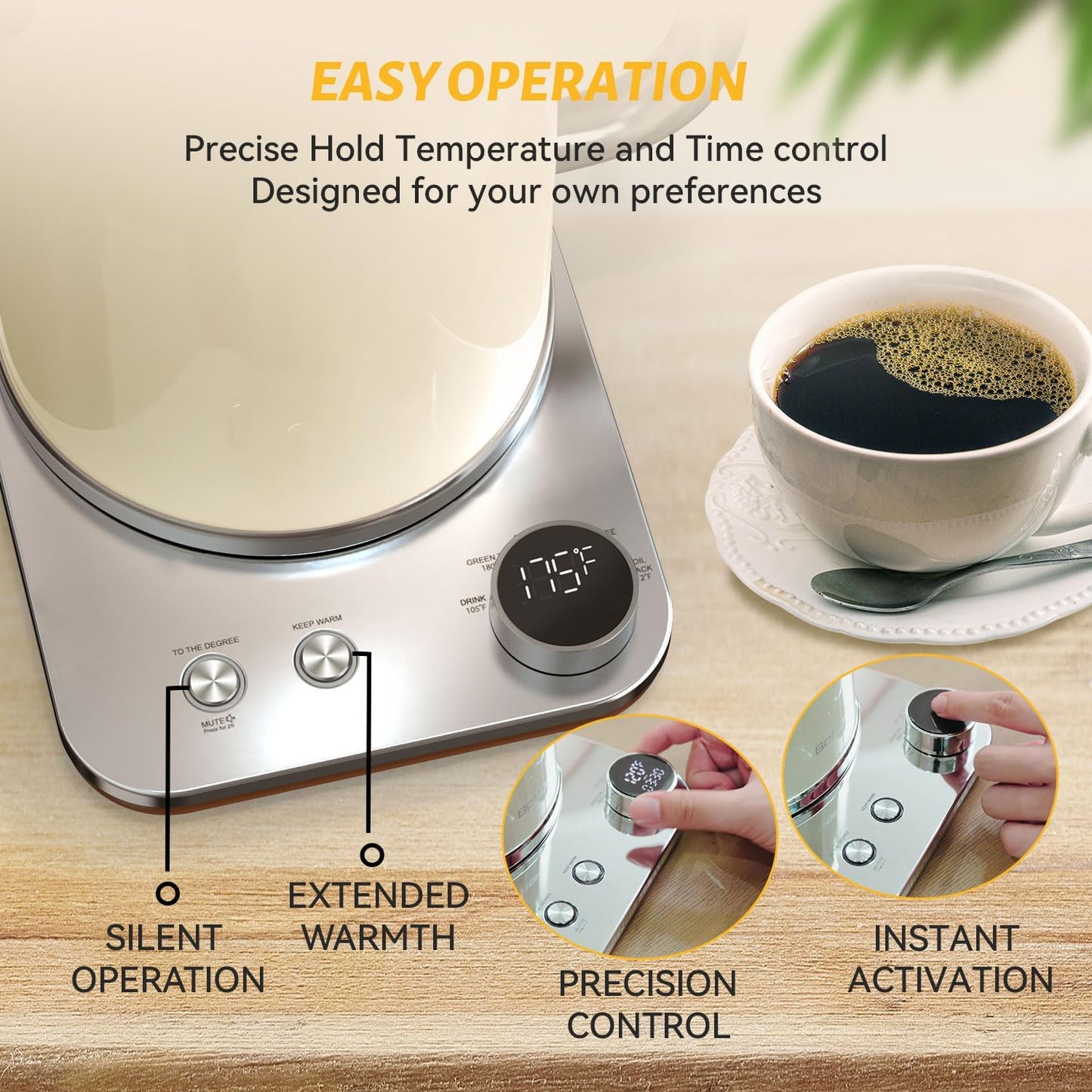 Electric Kettle, 1.8L/1200W, Stainless Steel, Control Buttons, Digital Display Panel, Keep Warm for 12 hours, Auto Shutoff, BPA-Free, Hot Water Kettle for Coffee & Tea, Electroplated handle