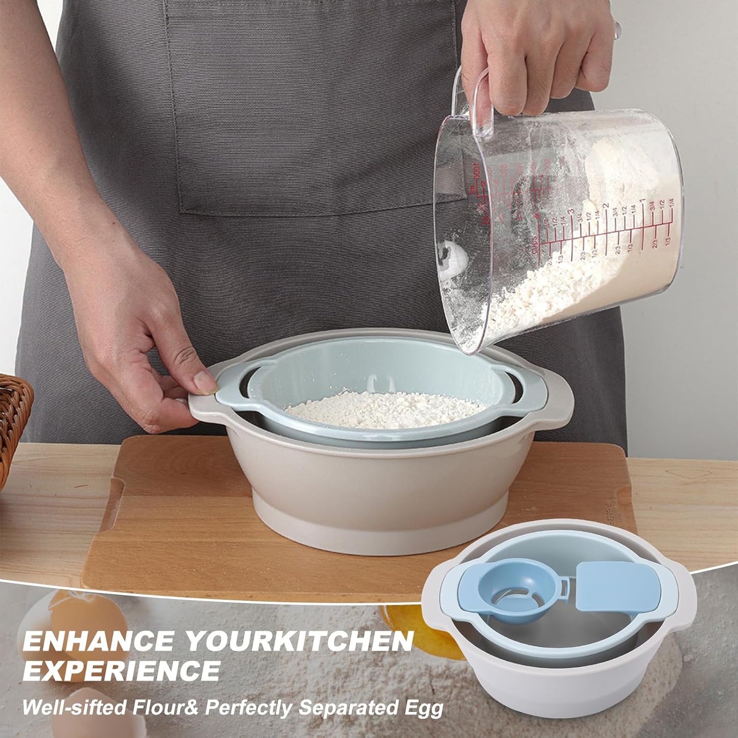 4-in-1 Baking Tools Set, Multifunctional Flour Sifter, Egg Separator, Mixing Bowl & Dough Scraper for Pastry & Cake Making, Send Goods from Local Warehouse