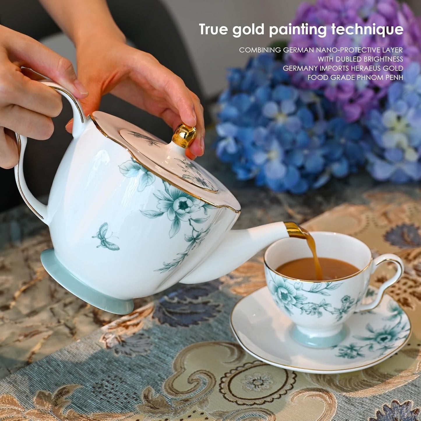 ACMLIFE Bone China Tea Cups and Saucers for 1, 6.8 oz Teacup Set for Adults, with Gold Trim and Gift Box, Blue and White Chinese English British Wedding Tea Set for One Coffee Cup Set (Blue-Leaf)