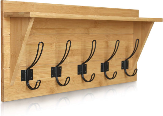 HBCY Creations Rustic Wall Mounted Coat Rack with Shelf - Solid Wood 24" Entryway Shelf with 5 Coat Hangers. Perfect Touch for Your Entryway, Mudroom, Kitchen, Bathroom and More, Bamboo