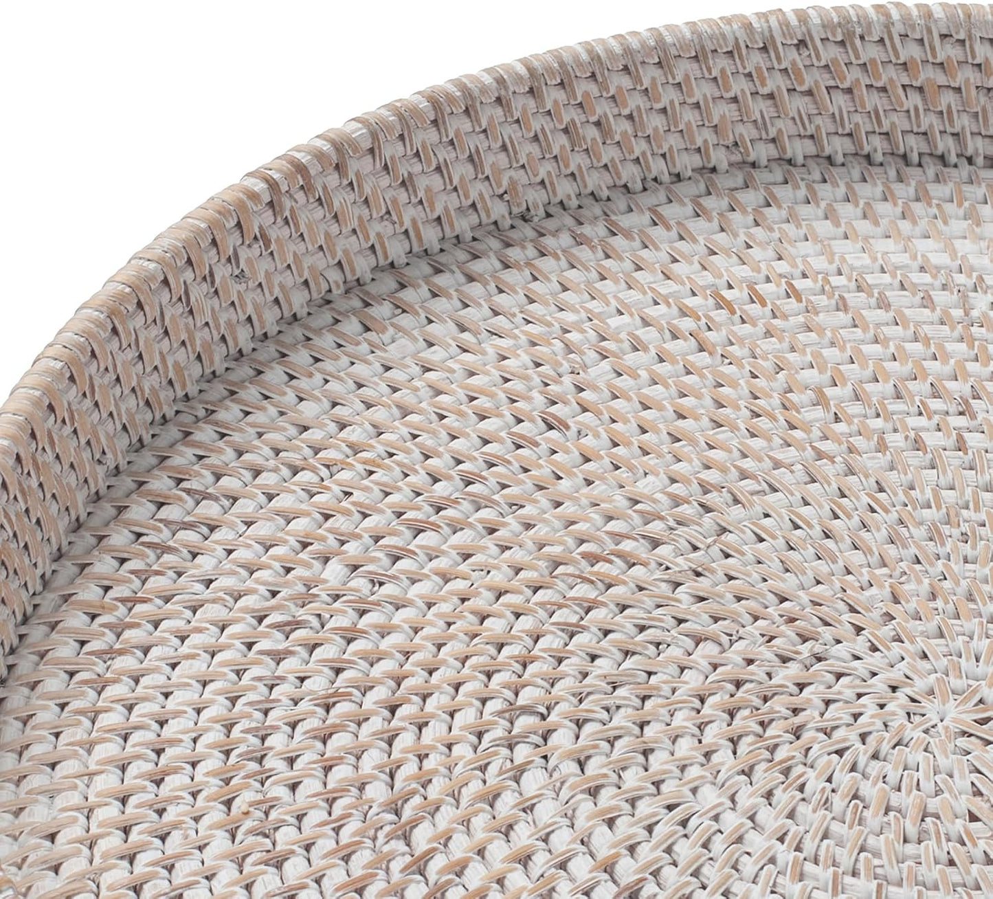 16.9 inch Round Rattan Tray, Woven Large Serving Tray with Handles, Wicker Serving Basket, Coffee Table Decor for Living Room, Whitewash
