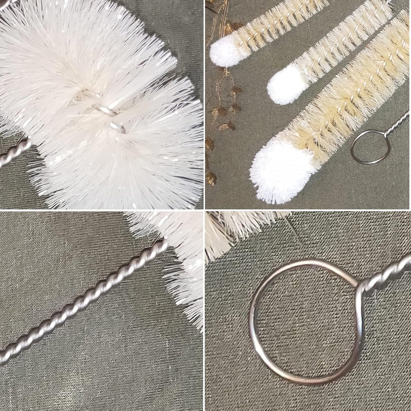 Coralpearl Bottle Brushes Thin Long Handle X 4, Skinny Wire Cleaner Set in Stainless Steel with Natural Boar Bristle at Wool Tip, Bendable Flexible for Cleaning Narrow Neck Bottles, Pipe, Tube, Hose