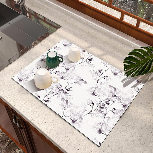 Dish Drying Mat, Diatomaceous Earth Soft Coffee Mat, Absorbent Silicone Dish Drying Mat for Kitchen Counter or Sink for Kitchen Bathroom Coffee Bar (Inked Flower, 12 x 16 Inches)