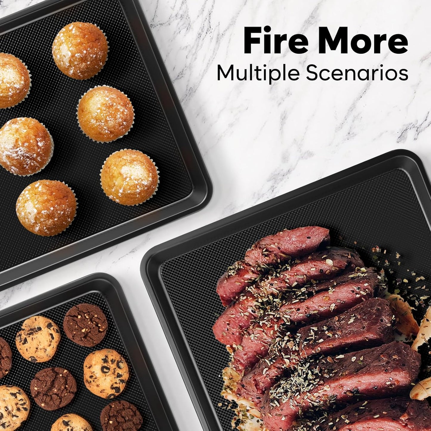 Baking Sheet Pan Set of 3, Thicker Carbon Steel Cookie Sheets for Baking Non Stick with Diamond Texture Pattern, Ceramic Half/Quarter/Jelly Roll Baking Trays for Oven