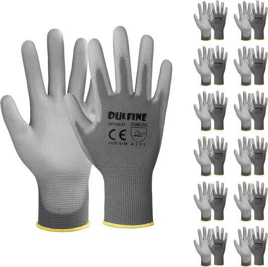 DULFINE Safety Work Gloves PU Coated-12 Pairs,Grey Seamless Knit Glove with Polyurethane Coated Smooth Grip on Palm & Fingers, for Men and Women, Ideal for General Duty Work (Small)