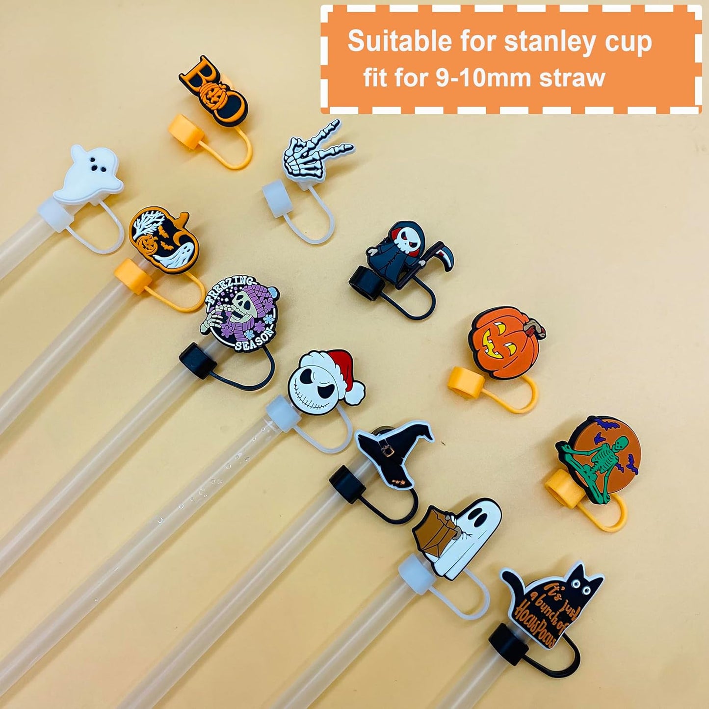 12 PCS Halloween Straw Toppers for Stanley 30&40 Oz Tumbler, 10mm/04in Straw Covers Cap for All 9-10mm Straws, Dust-Proof Reusable Protector Topper for Water Bottle