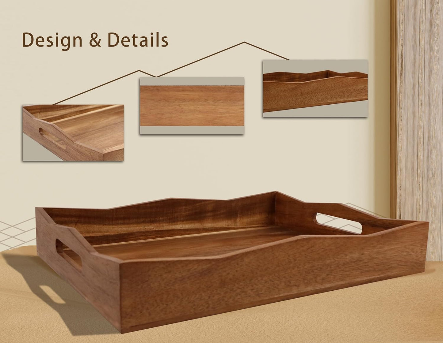Acacia Wood Serving Tray with Handles,16.5x12.6inch Perfect for Breakfast, Lunch, Dinner, Food Snacks Drinks for Coffee Table,Decorative Ottoman Tray for Living Room Kitchen, Bedroom