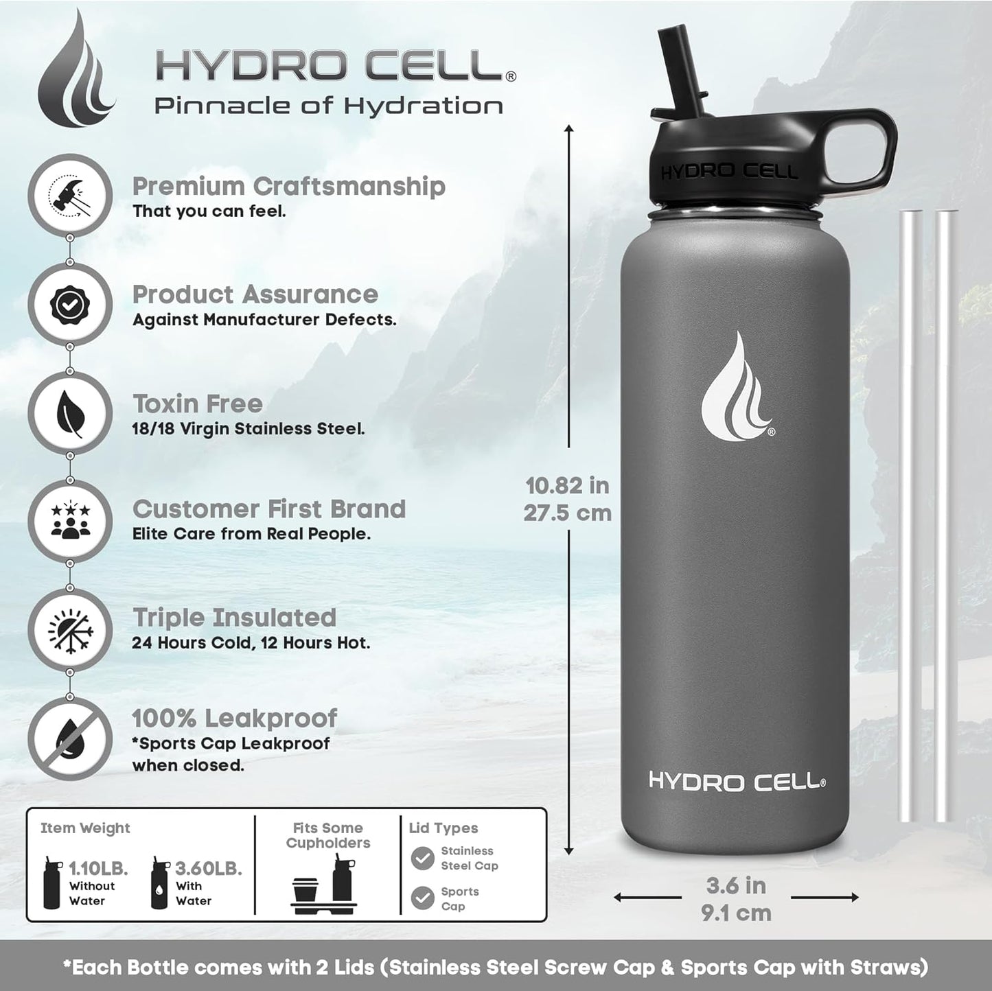 HYDRO CELL Stainless Steel Insulated Water Bottle with Straw - For Cold & Hot Drinks - Metal Vacuum Flask with Screw Cap and Modern Leakproof Sport Thermos for Adults (Graphite 40oz)