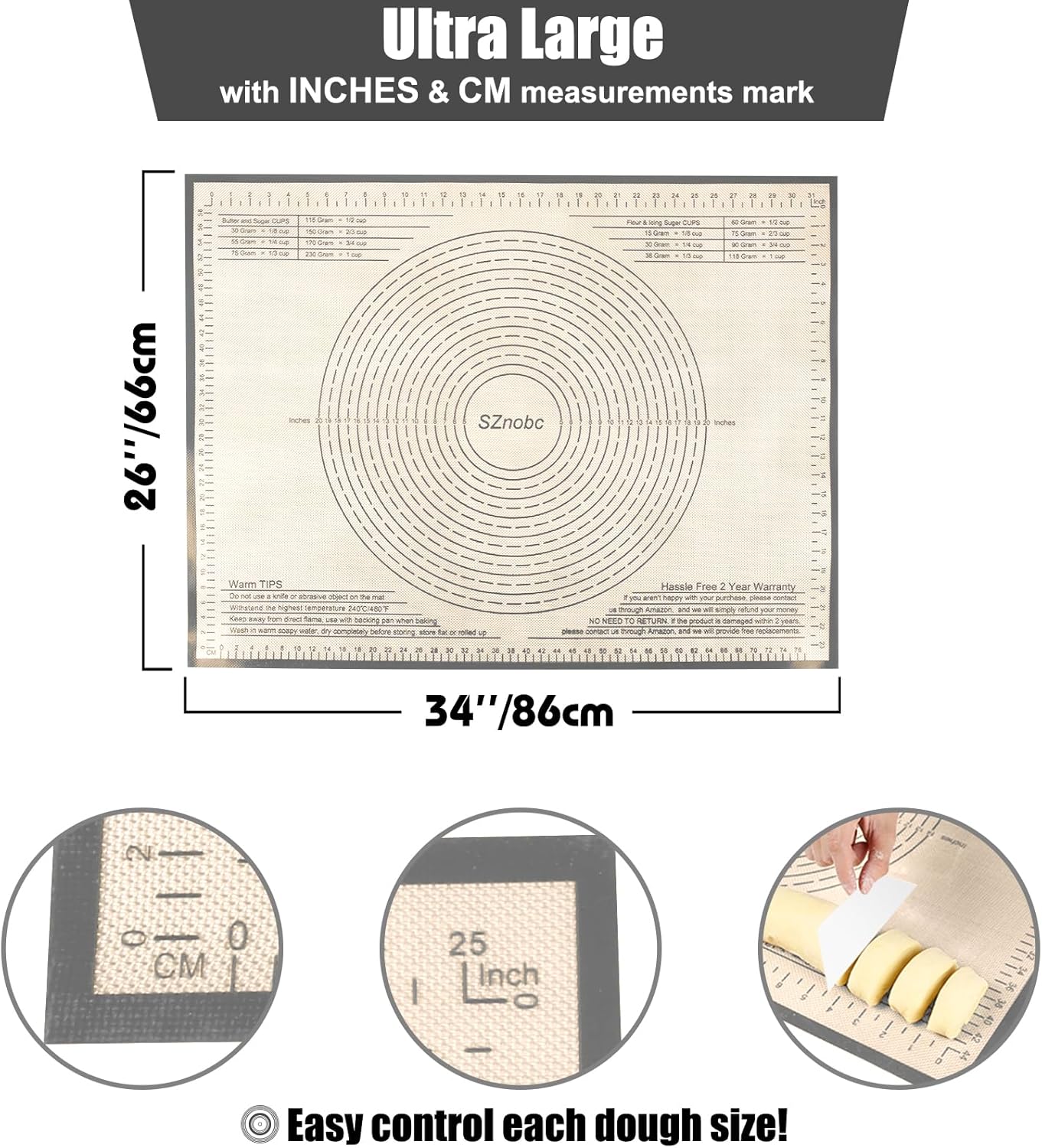 Silicone Pastry Mat 26x34 Inch Nonstick Baking Mat Perfect for Dough Mat, Pastry Board, Kitchen Counter Mat - For Dough, Pastry, Pie Crust, Fondant, Cookies, Bread, Pasta/Pizza, Grey