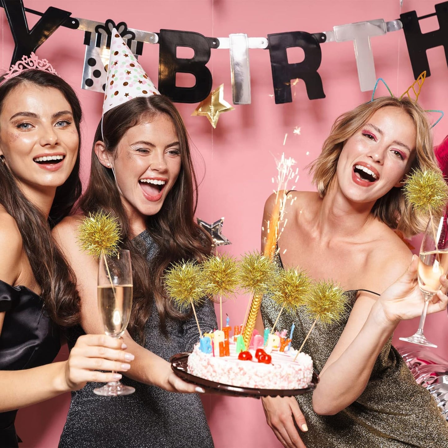 Chinco 100 Pcs Foil Firework Cupcake Toppers Sparkle Tinsel Cake Toppers Cake Decoration Cocktail Fruit Toothpick for Birthday Wedding Graduation Party(Gold)