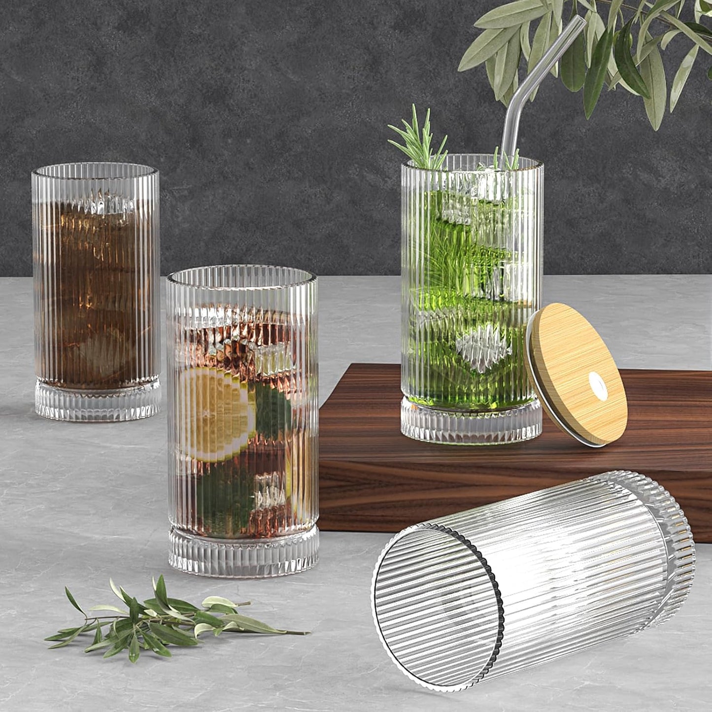 15 Oz Glass Cups with Lid and Straw, Iced Coffee Cups with Lid, Vintage Glassware for Whiskey Cocktail Beer (4 PACK)