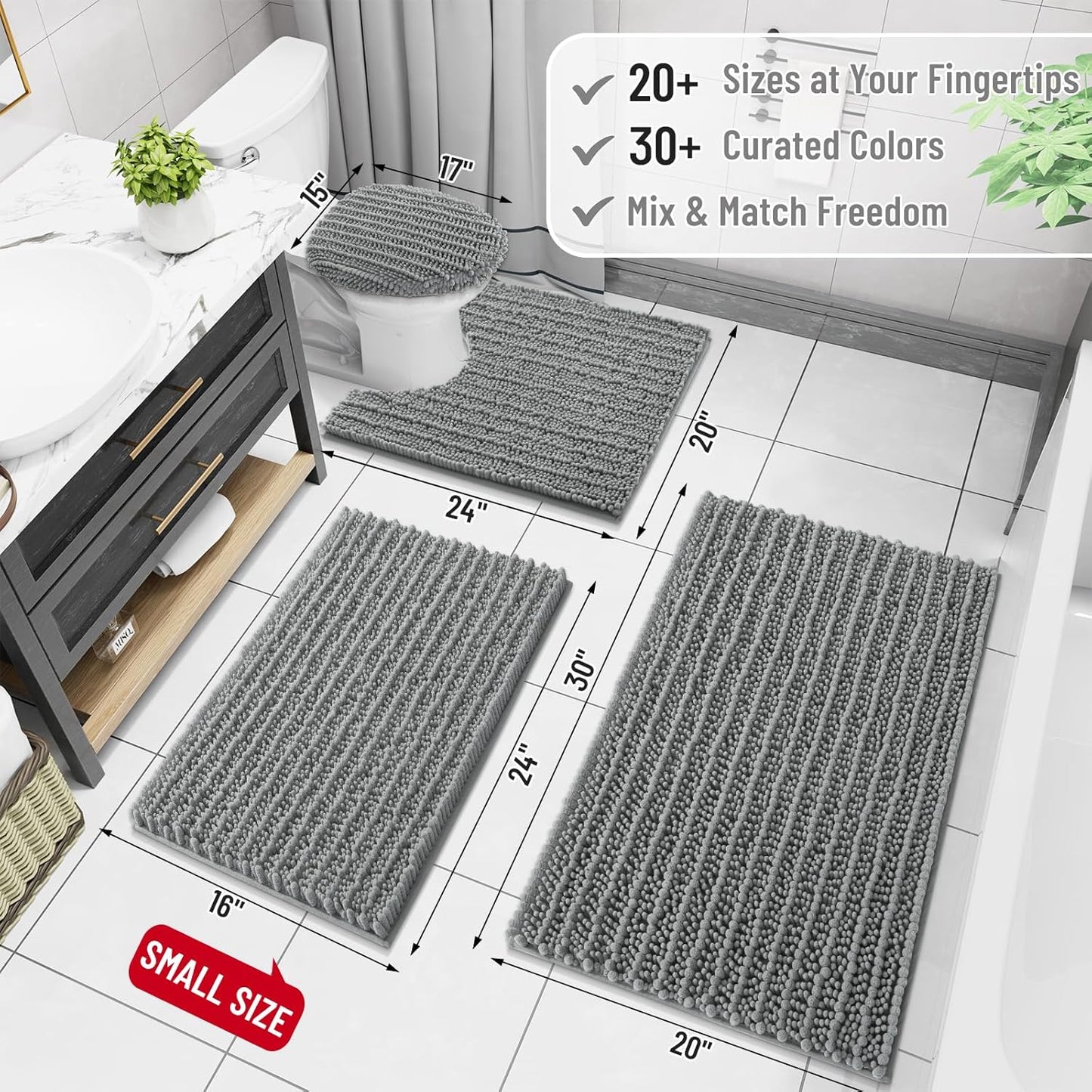 Arotive Luxury Chenille Bathroom Rug Mat, Extra Soft Thick Absorbent Shaggy Bath Rugs, Non-Slip Machine Wash Dry, Plush Bath Mats for Bathroom, Shower and Tub, 47x17, Grey