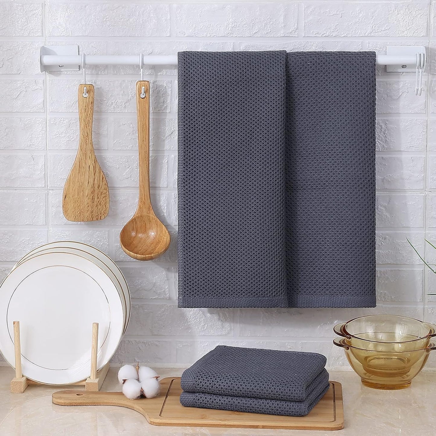 Kitinjoy 100% Cotton Waffle Weave Kitchen Towels, 6-Pack Super Soft and Absorbent Dish Towels for Drying Dishes, Kitchen Hand Towels, 13 in x 28 in, Dark Grey