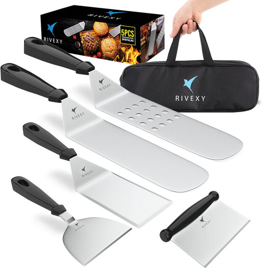 5-PCS Premium Griddle Accessories Kit, Ultimate Stainless Steel Flat Top Grill Accessories for Blackstone BBQ, Teppanyaki, Hibachi – Durable Griddle Spatula, Ideal for Outdoor & Camping