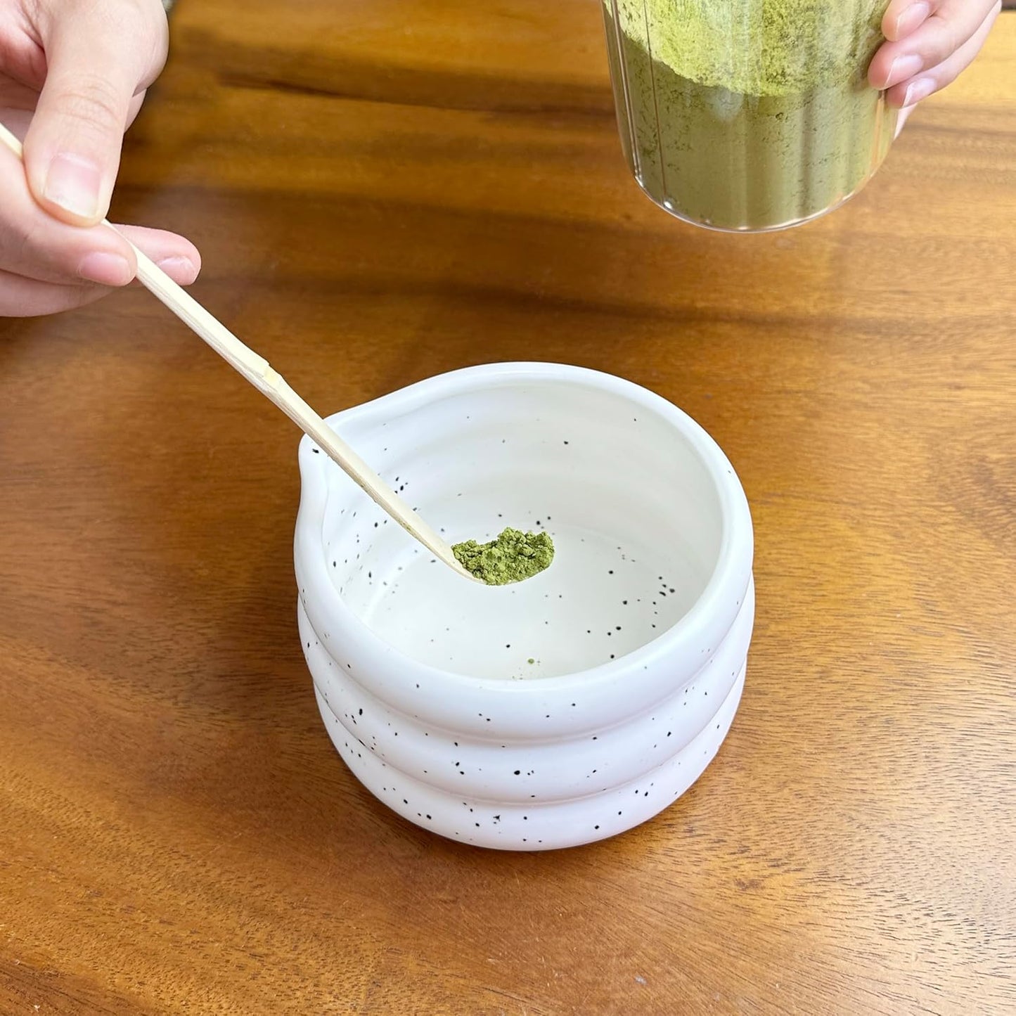 7-piece matcha kit includes matcha bowl. white speckled matcha tea set with bamboo whisk -, sifter, scoop, stainless steel filter, tea caddy, cloth & gift box - for matcha green (7)