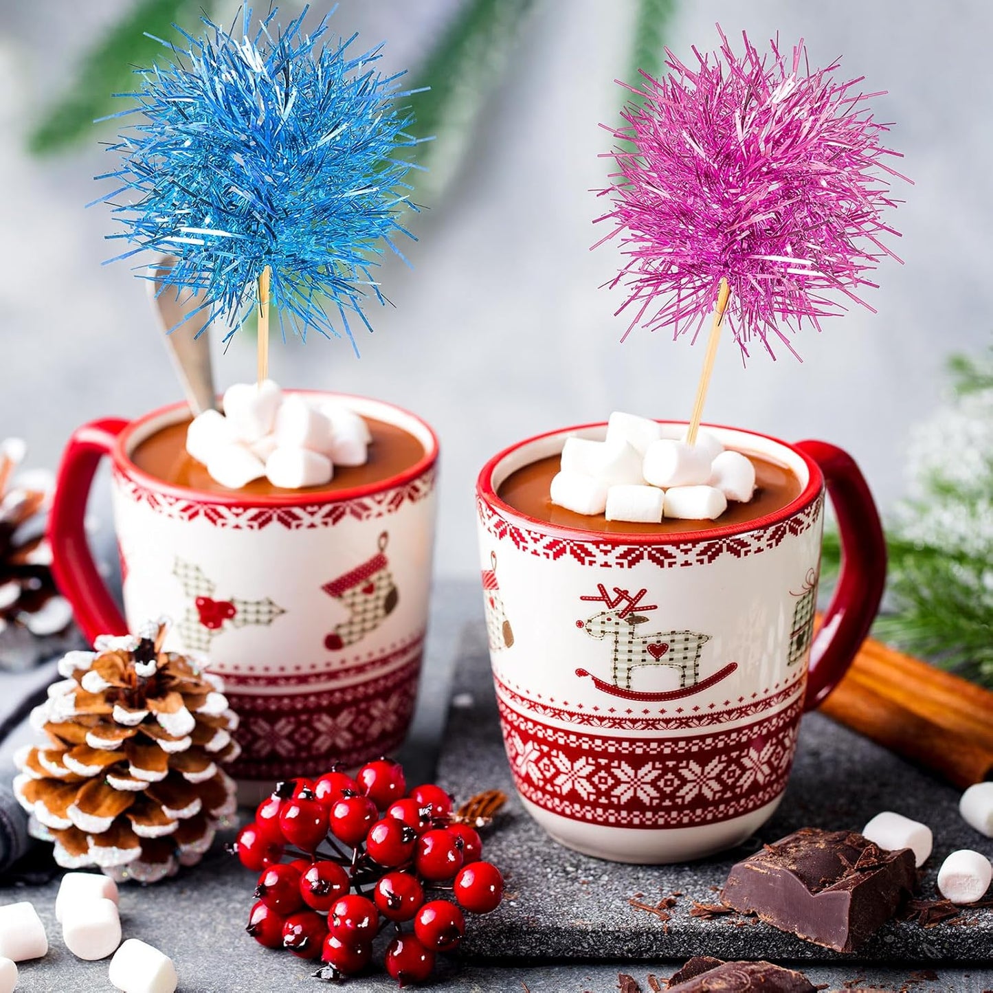 Chinco 100 Pcs Foil Firework Cupcake Toppers Sparkle Tinsel Cake Toppers Cake Decoration Cocktail Fruit Toothpick for Birthday Wedding Graduation Party(Pink, Light Blue)