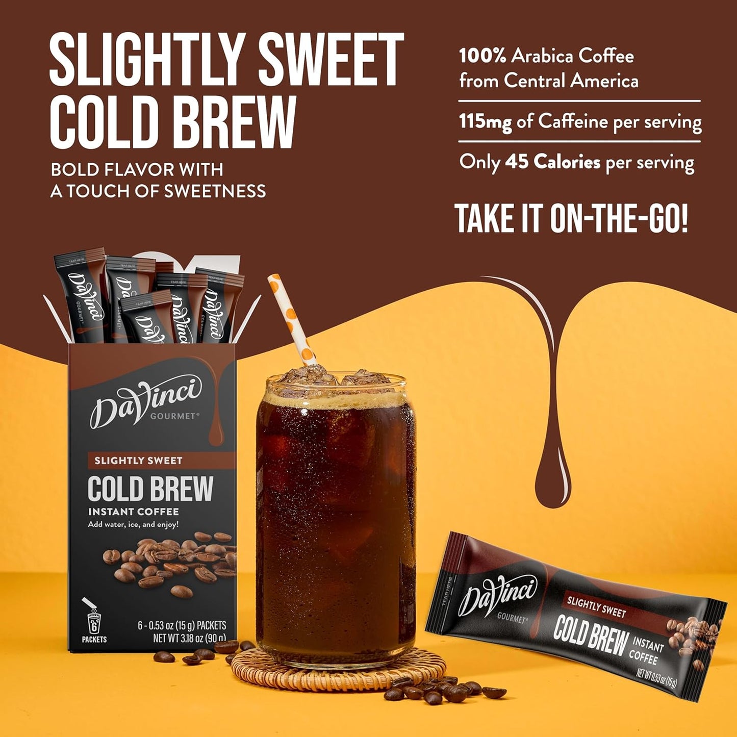DaVinci Gourmet Slightly Sweet Cold Brew Stick Pack, Instant Coffee Powder, 6 Count (Pack of 1)
