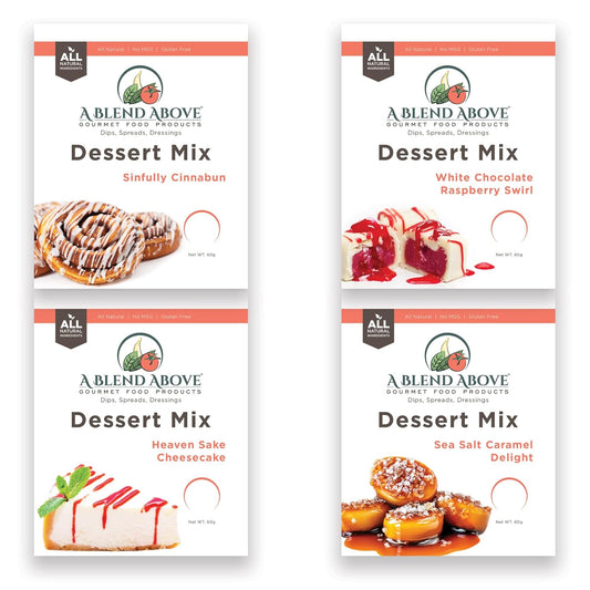 A Blend Above No-Bake Desserts Mix Variety Pack - Includes Heaven Sake Cheesecake, White Chocolate Raspberry, Sea Salt Caramel, and Cinnabun - All Natural, Vegan, Gluten Free, No MSG - Pack of 4