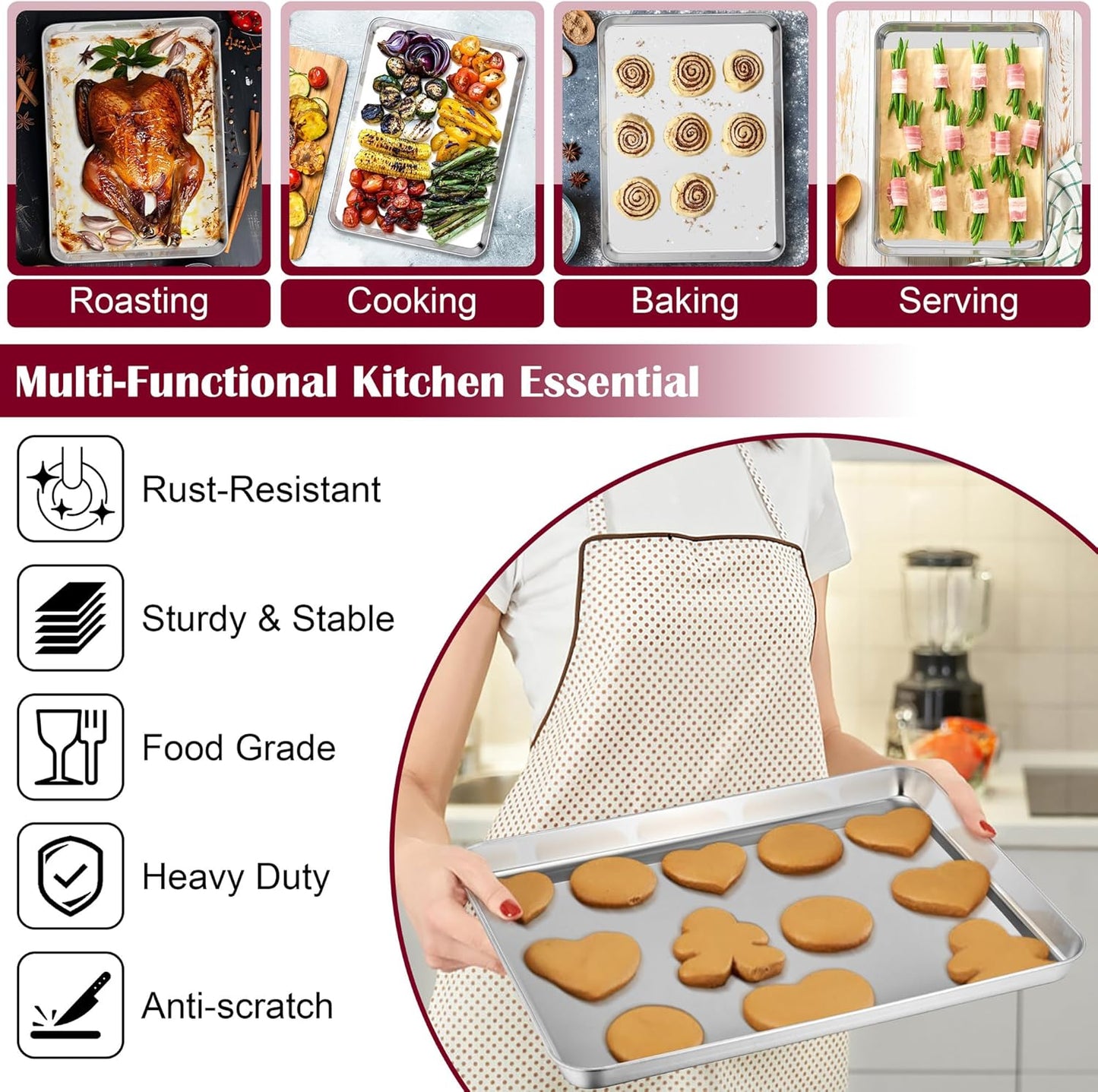 E-far Baking Sheet with Wire Rack (2 Pans + 2 Racks), Stainless Steel Cookie Sheets Pan & Cooling Rack for Baking Cookies/Jelly Rolls, Non Toxic & Heavy Duty, Oven & Dishwasher Safe, 16 x 12 x 1 Inch
