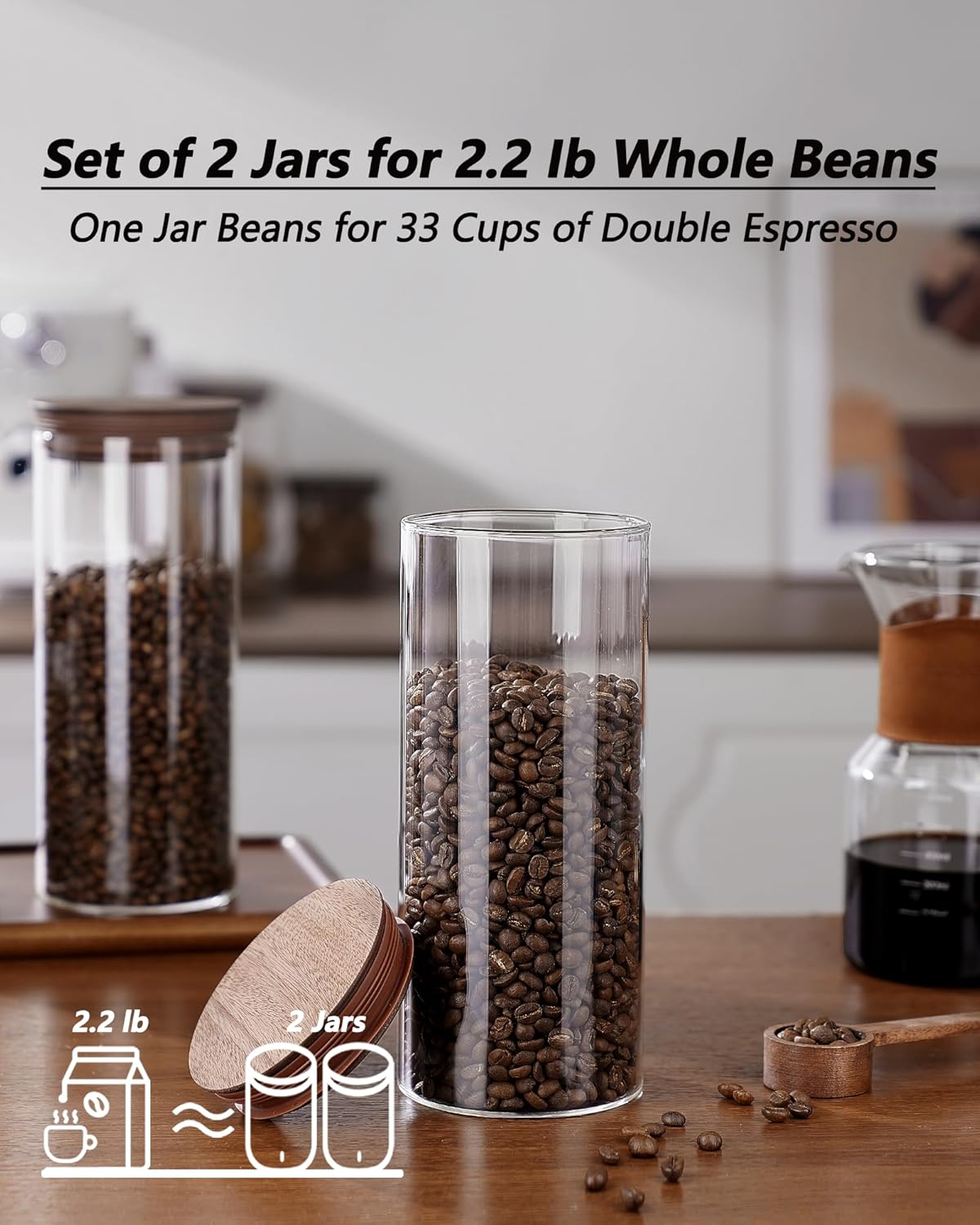 50 oz Coffee Canister with Scoop and Wooden Lids, Airtight Glass Coffee Jars Set of 2 for Ground Coffee, Coffee Beans Storage Container with Lids for Kitchen Brown Sugar, Coffee Bar