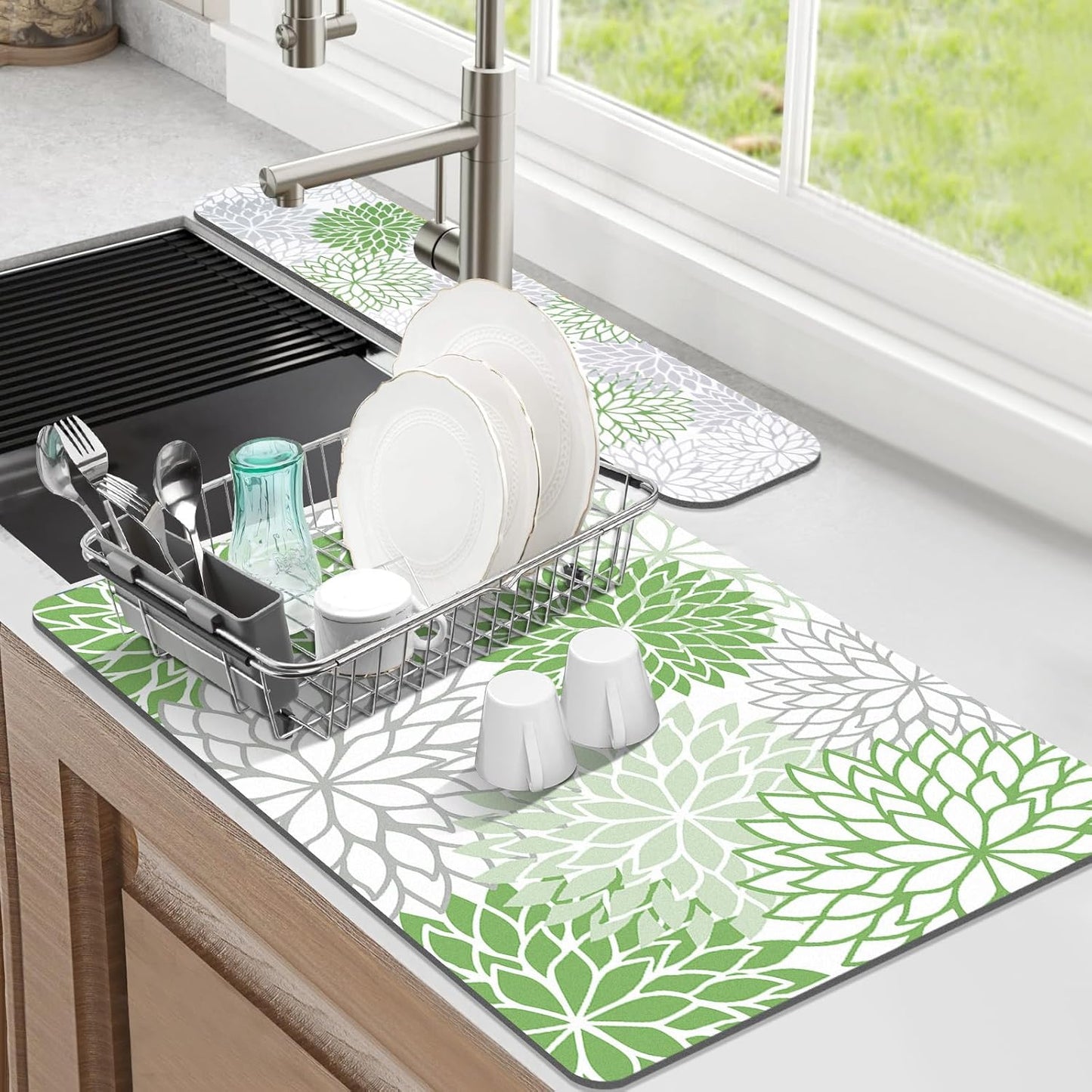 Findosom 2PCS 12" x 20" Dish Drying Mat & 24" x 5.5" Sink Splash Guard, Super Absorbent & Cuttable Dish Mat Drying Kitchen Mat with Green Floral, Hide Stain Drying Mat for Kitchen Counter