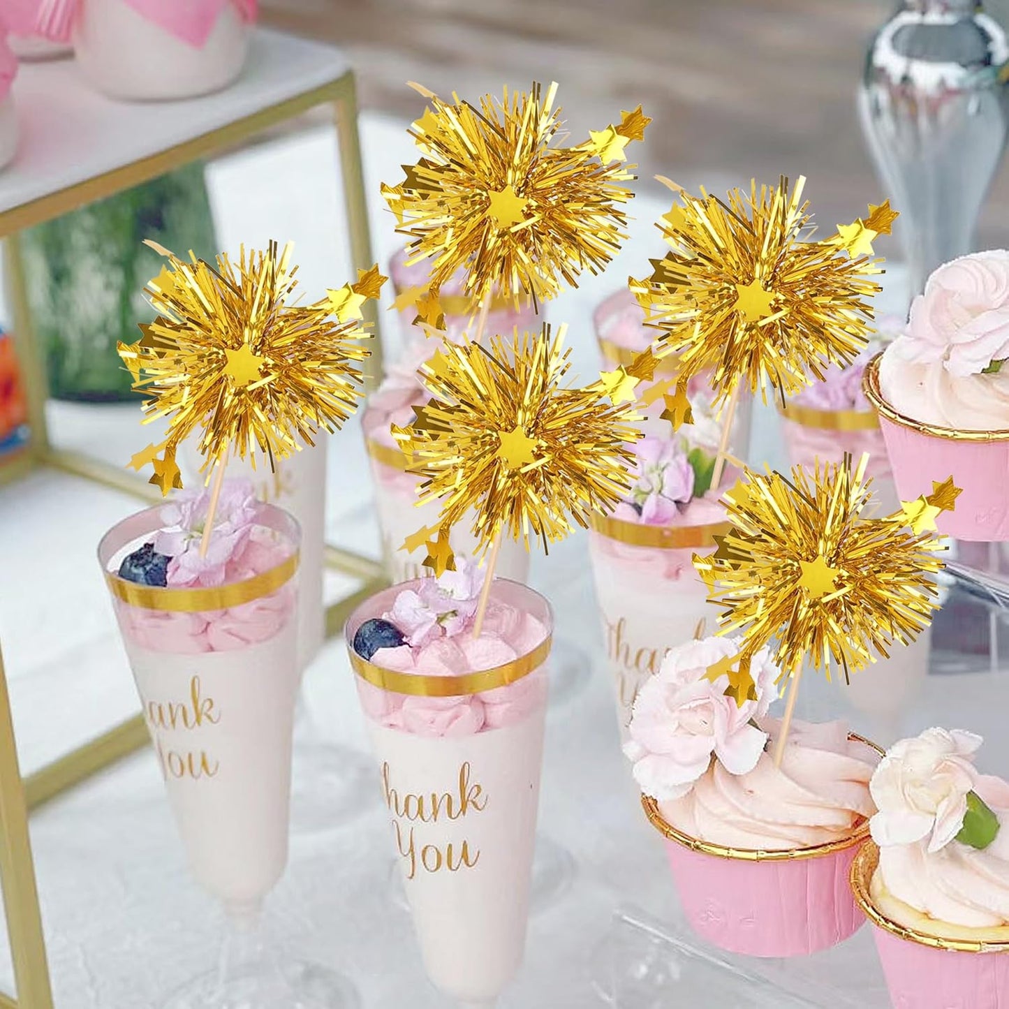 30 PCS Foil Firework Cupcake Toppers Star Cupcake Picks Sparkle Tinsel Flower Drink Stirrers Cocktail Food Fruit Toothpicks for Baby Shower Wedding Birthday Party Cake Decorations Supplies Gold