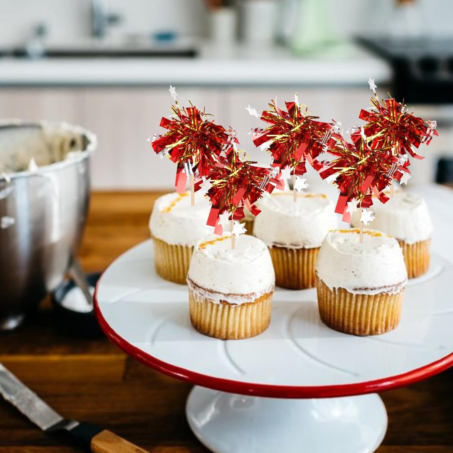 30 PCS Foil Firework Cupcake Toppers Happy Birthday Star Cupcake Picks Sparkle Tinsel Drink Stirrers Cocktail Fruit Toothpicks for Valentine's Day Wedding Birthday Party Decorations Supplies Red Gold