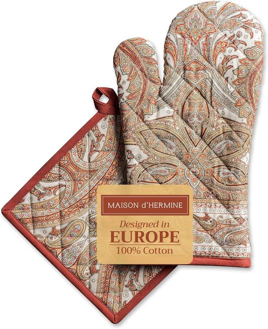 Maison d' Hermine 100% Cotton Oven Mitt & Pot Holder Set (7.5"x13" & 8"x8") Heat Resistant BBQ Cooking Gloves with Loop, Baking, Grilling, Kitchen, Handling Hot Pans (Kashmir Paisley)