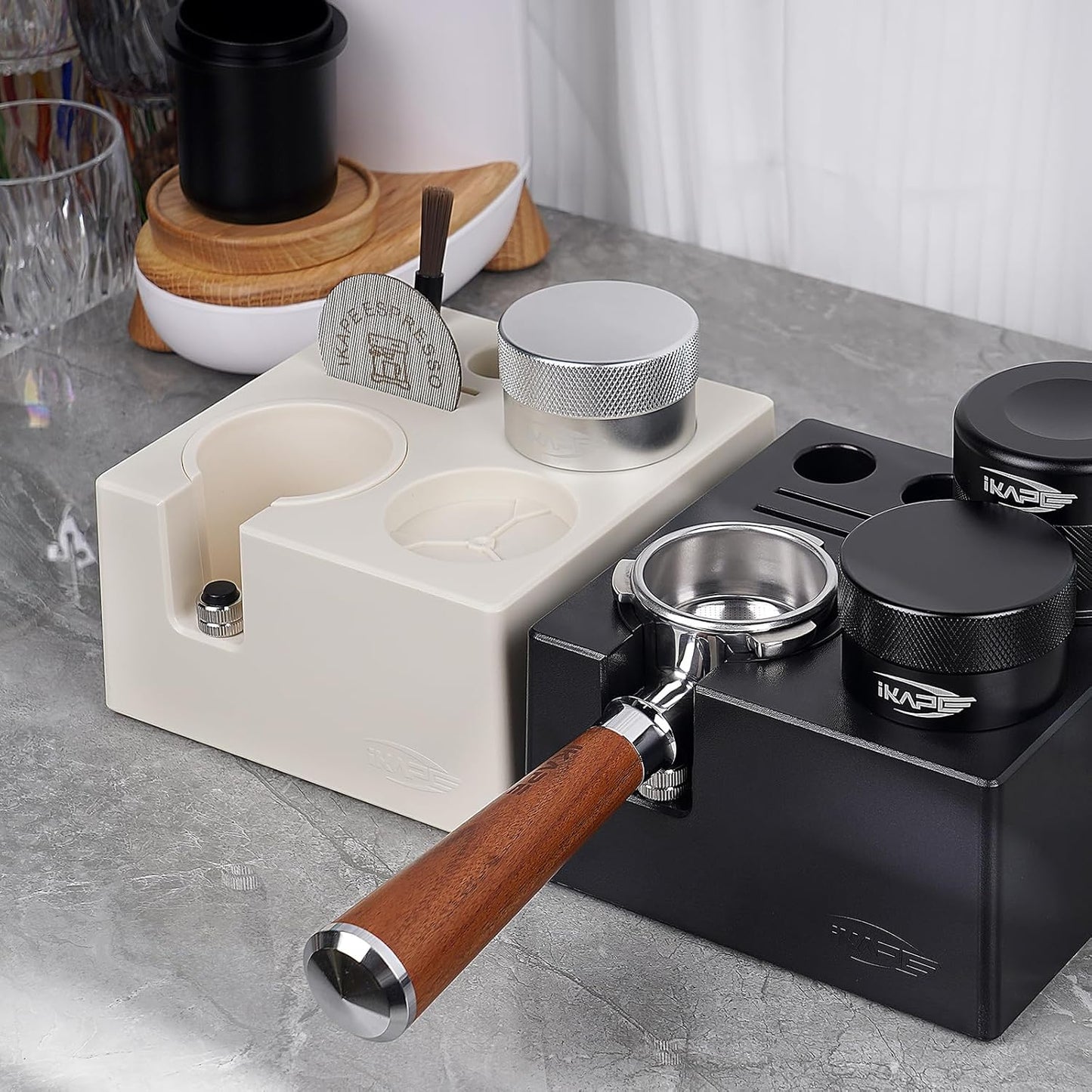 IKAPE ABS Espresso Knock Box, 7 in 1 Coffee Organizer Box Fit for Storage 51, 54, 58MM Espresso Tamper, Distributor, Portafilter & Puck Screen Accessories(Black)