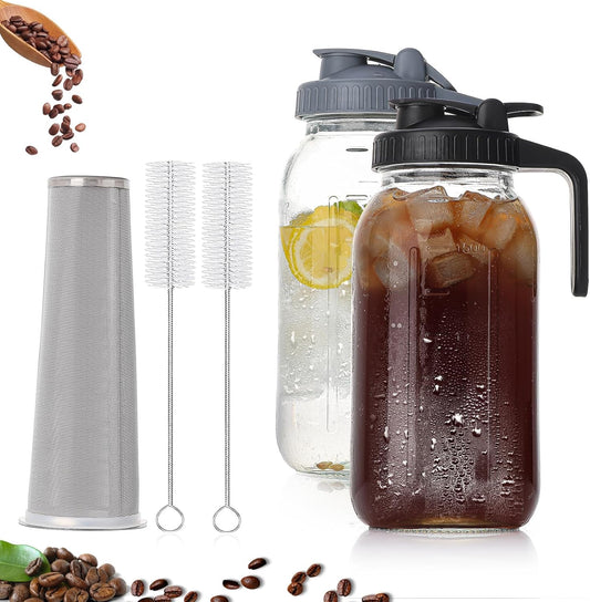 2 Quart Glass Pitcher with Lid for Fridge, Cold Brew Coffee Maker 64 oz, 2 Pack Airtight Leakproof Iced Tea Pitcher with Stainless Steel Filter, New Years Gifts for Friends (Black & Gray)