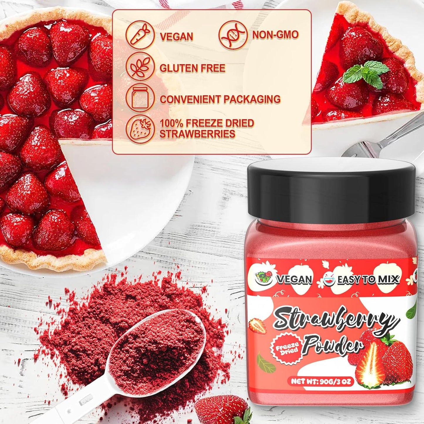 Strawberry Powder - 100% Pure Freeze Dried Strawberries Fruit Powder, Vegan & No Additive Strawberry Flavoring Natural Food Coloring for Baking, Drinks, Cakes, Icing and Smoothies - 3oz
