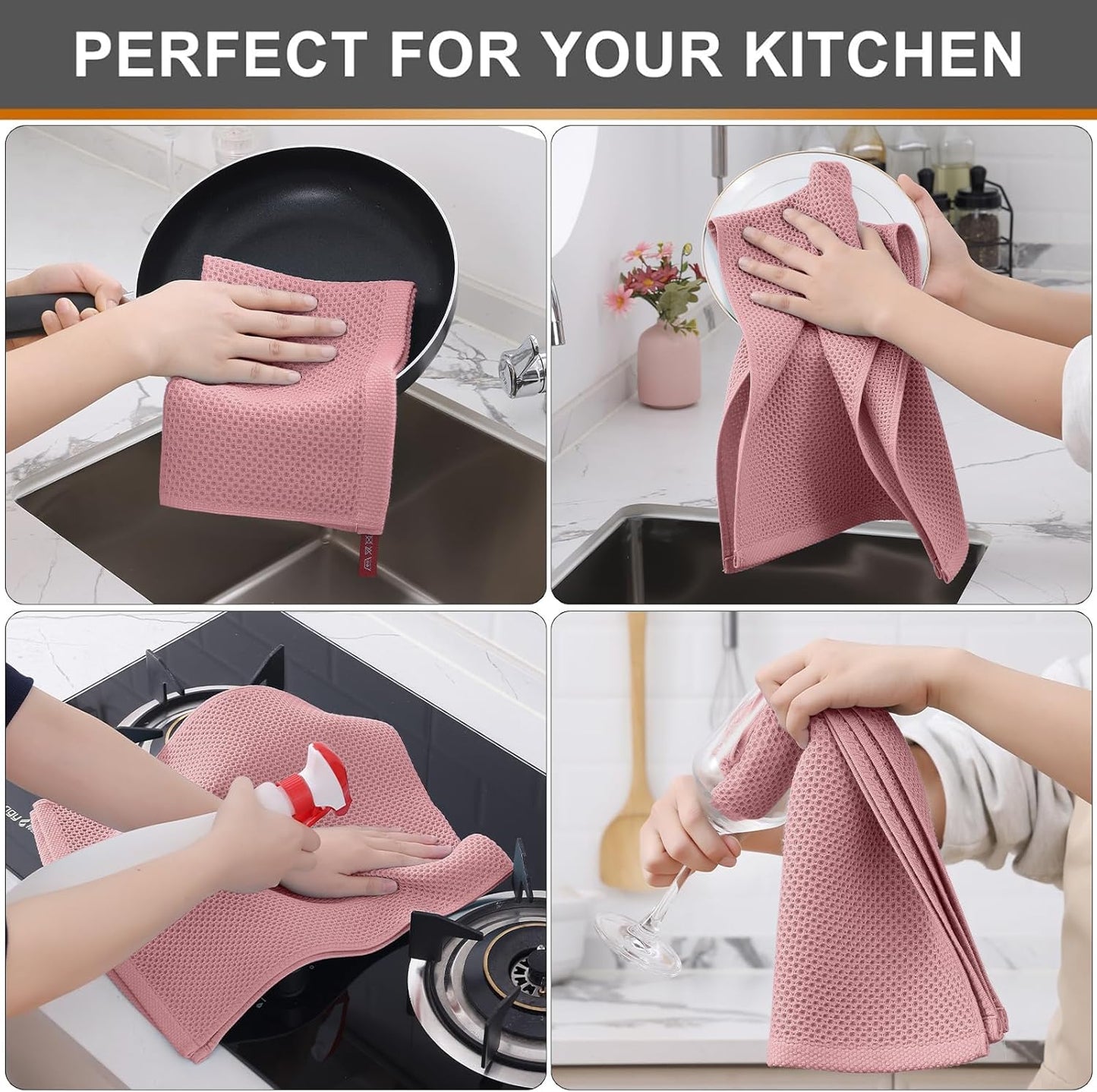 Kitinjoy 100% Cotton Waffle Weave Kitchen Towels (13 X 28 Inches, Dried Roses), 4-Pack Super Soft and Absorbent Dish Towel for Drying Dishes, Kitchen Hand Towels