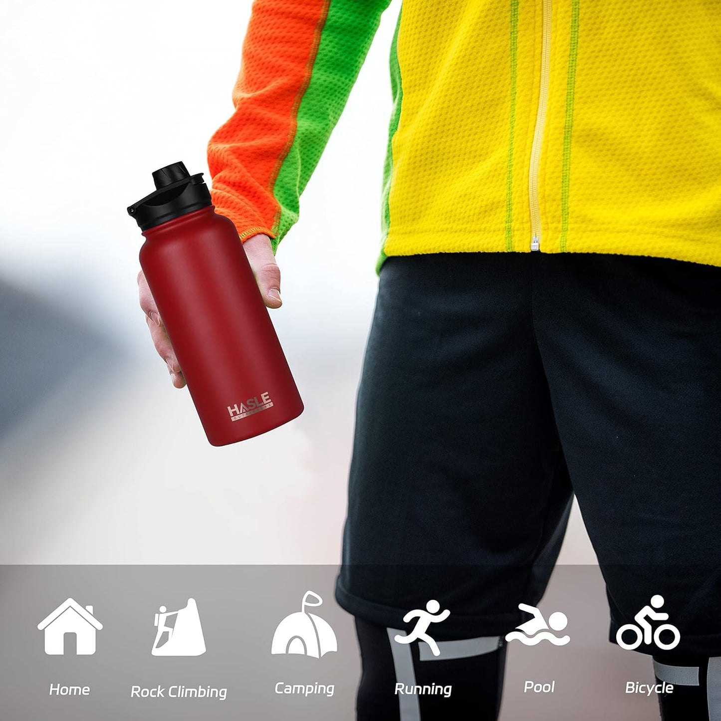 HASLE OUTFITTERS 32 oz Insulated Water Bottle Stainless Steel Double Walled Vacuum Sports Water Bottle with 2 Lids (Straw and Spout Lid) for Gym Camping Hiking(Red,1)