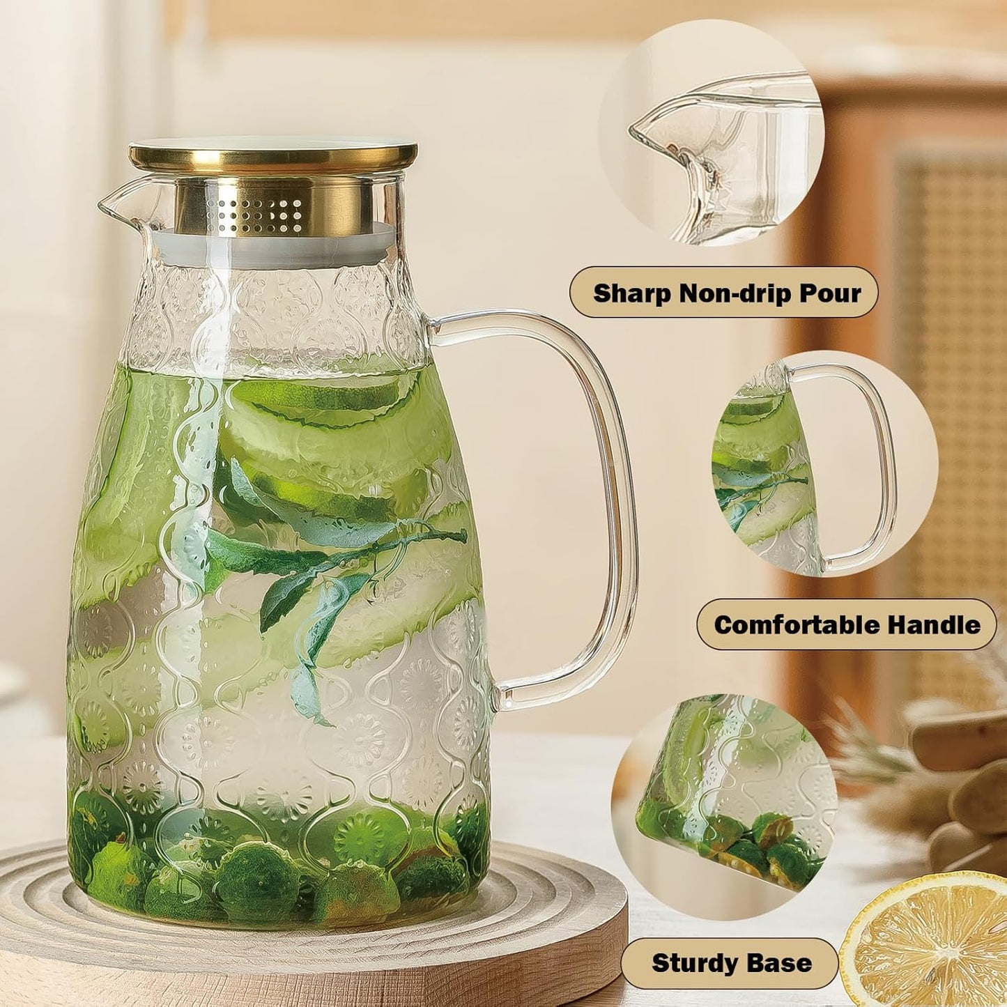 Glass Pitcher with Lid and Handle, 2 PACK 68 oz/2 Liter Vintage Flower Design Fridge Water Pitcher, Borosilicate Glass Water Carafe for Hot/Cold Water,Coffee,Iced Sun Tea,Heat Resistant