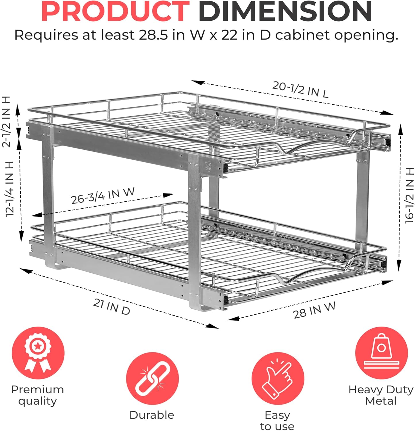 HOLDN’ STORAGE Two Tier Pull Out Cabinet Organizer, Individual Sliding Drawers - Heavy Duty Metal with Lifetime Limited Warranty - Anti Rust Chrome Finish - 28" W x 21”D x 16.5" H