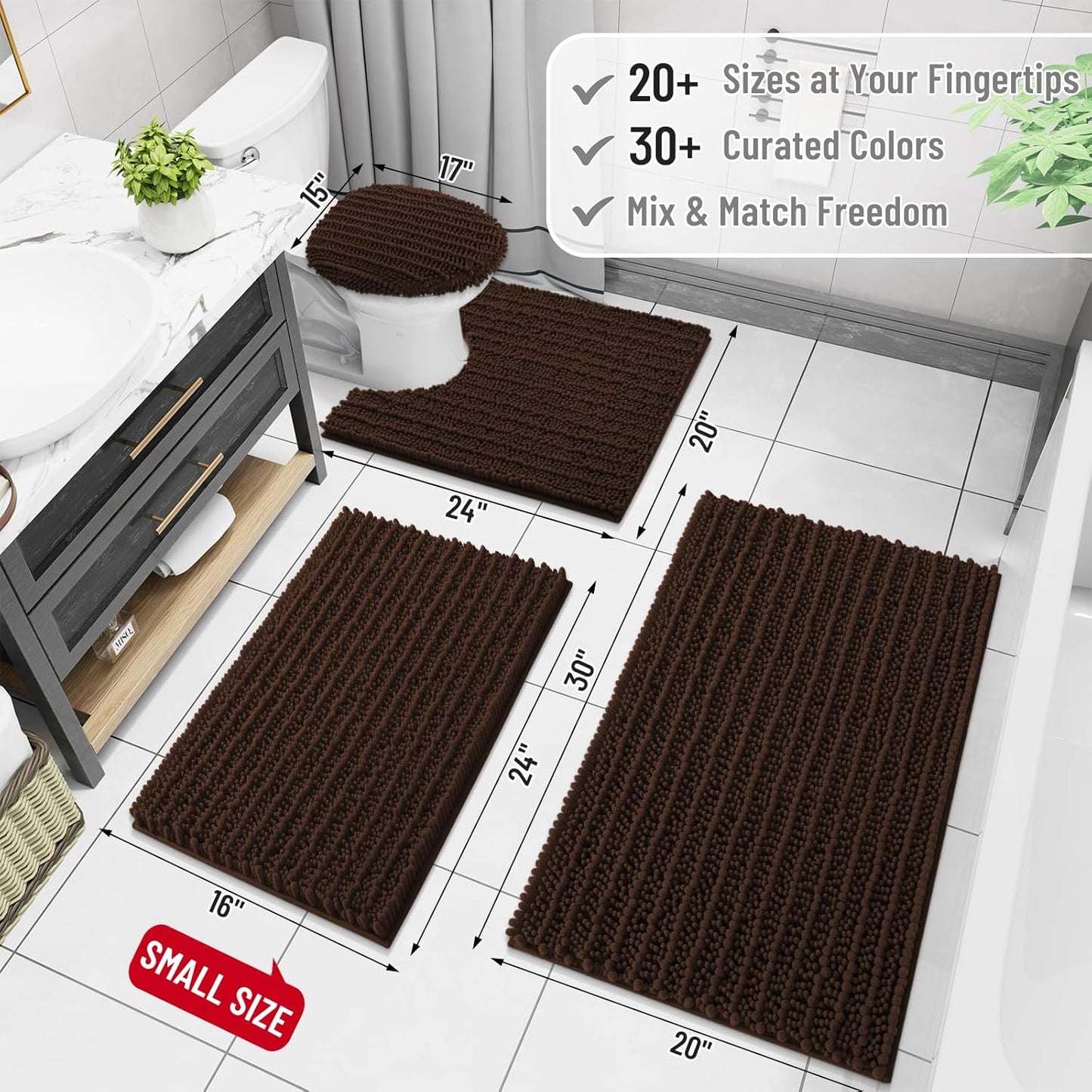 Arotive Luxury Chenille Bathroom Rug Mat, Extra Soft Thick Absorbent Shaggy Bath Rugs, Non-Slip Machine Wash Dry, Plush Bath Mats for Bathroom, Shower and Tub, 30x20, Brown